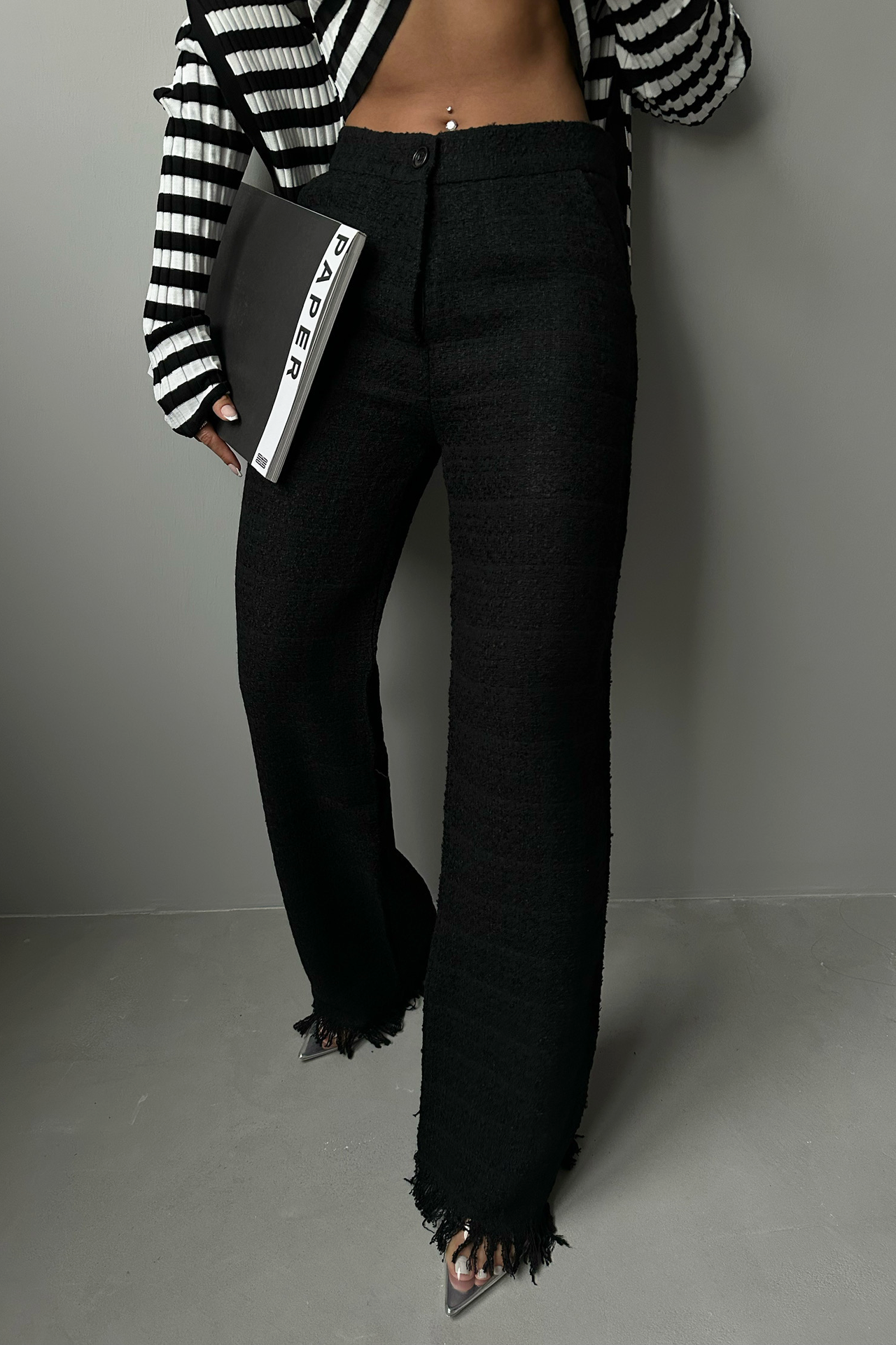 Tweed High Waist Straight Leg Trousers with a Tassel Hem
