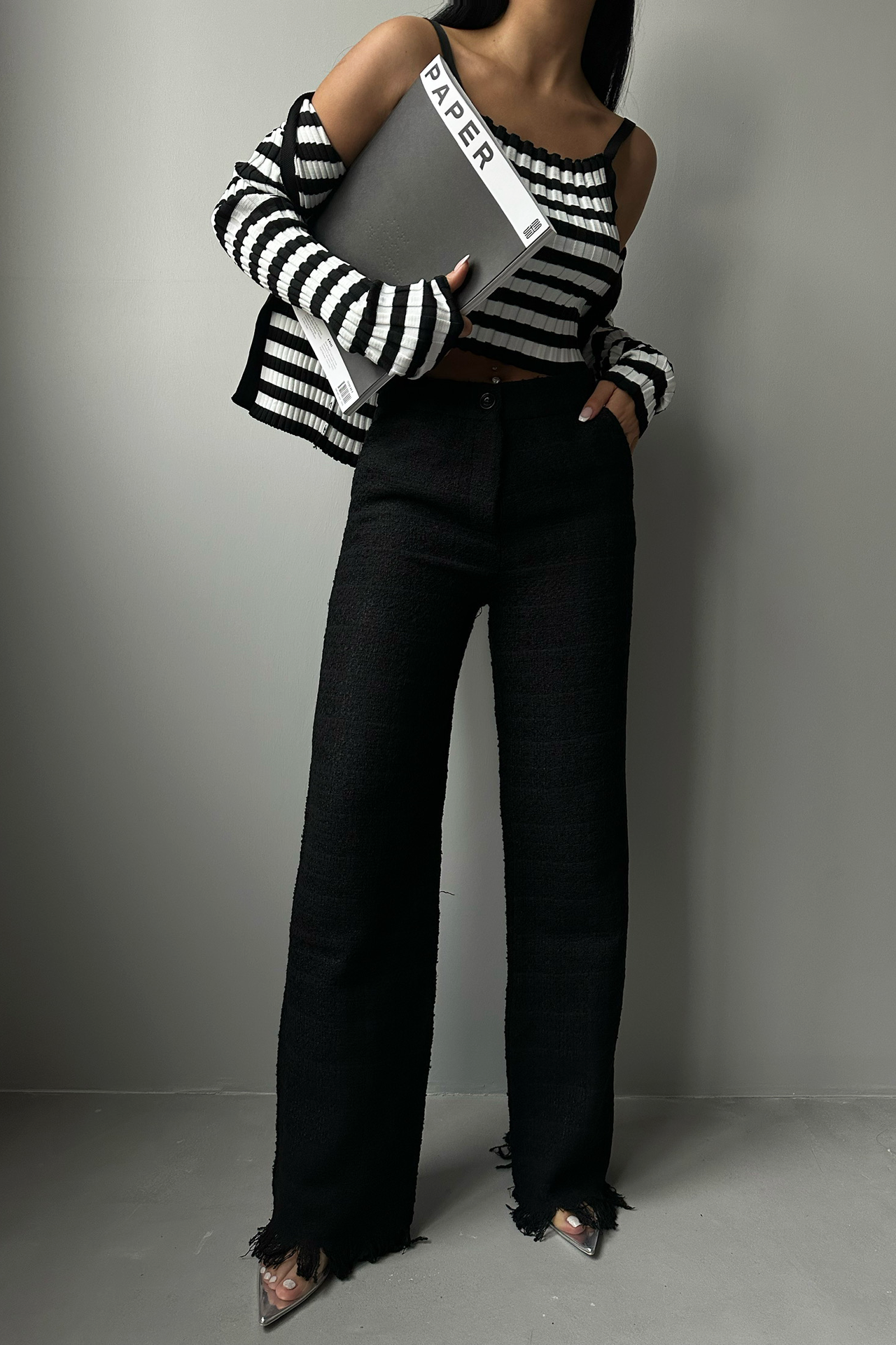 Tweed High Waist Straight Leg Trousers with a Tassel Hem