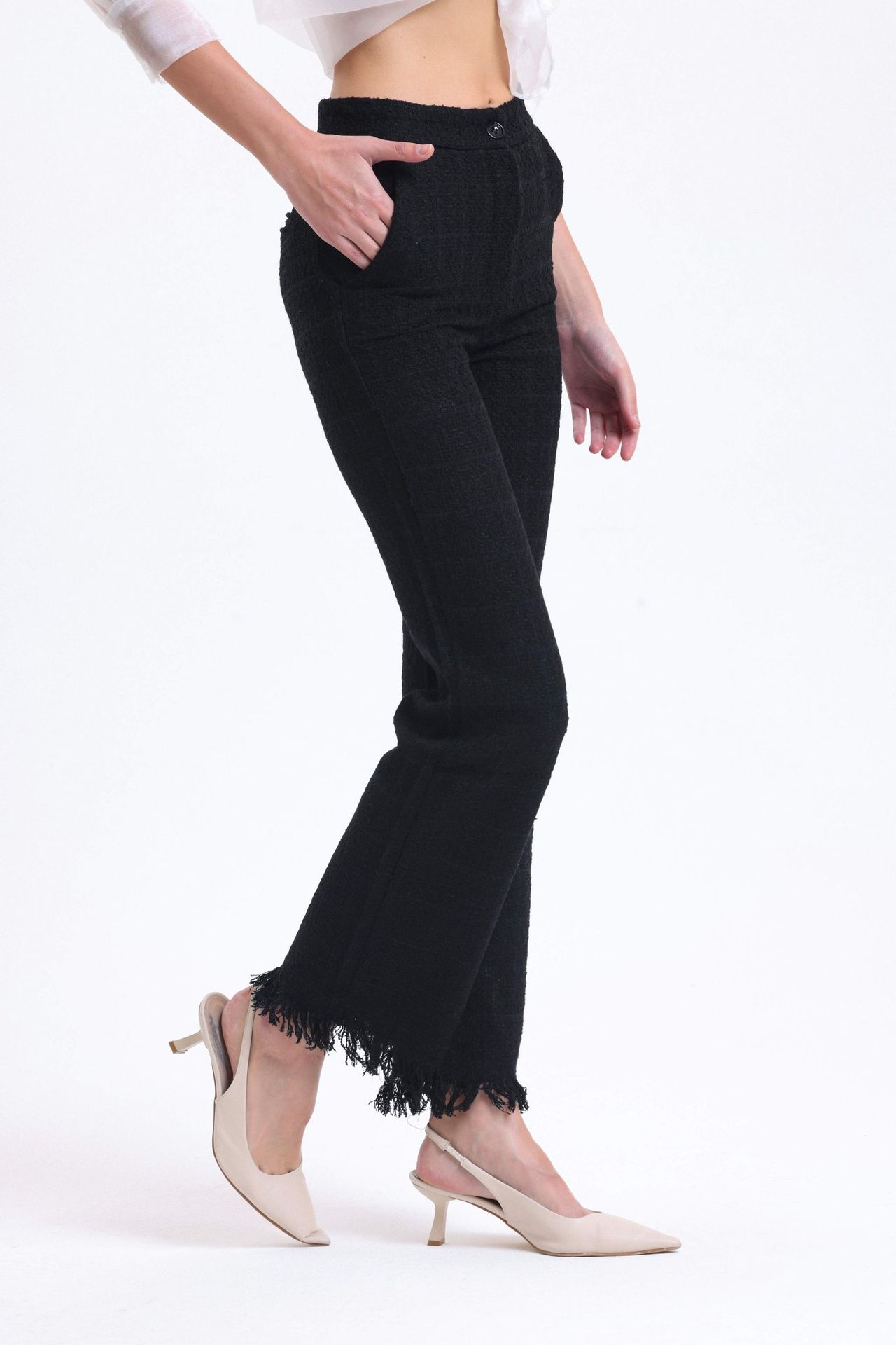 Tweed High Waist Straight Leg Trousers with a Tassel Hem