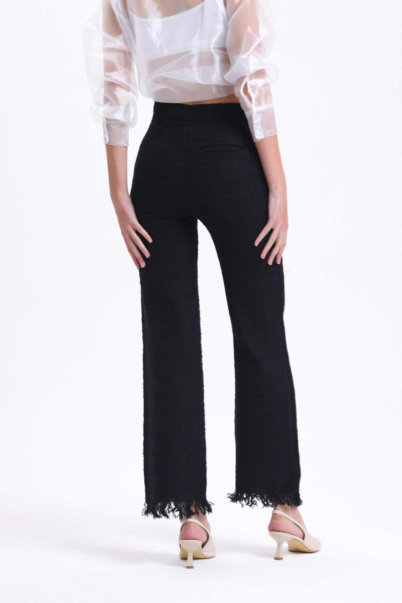 Tweed High Waist Straight Leg Trousers with a Tassel Hem
