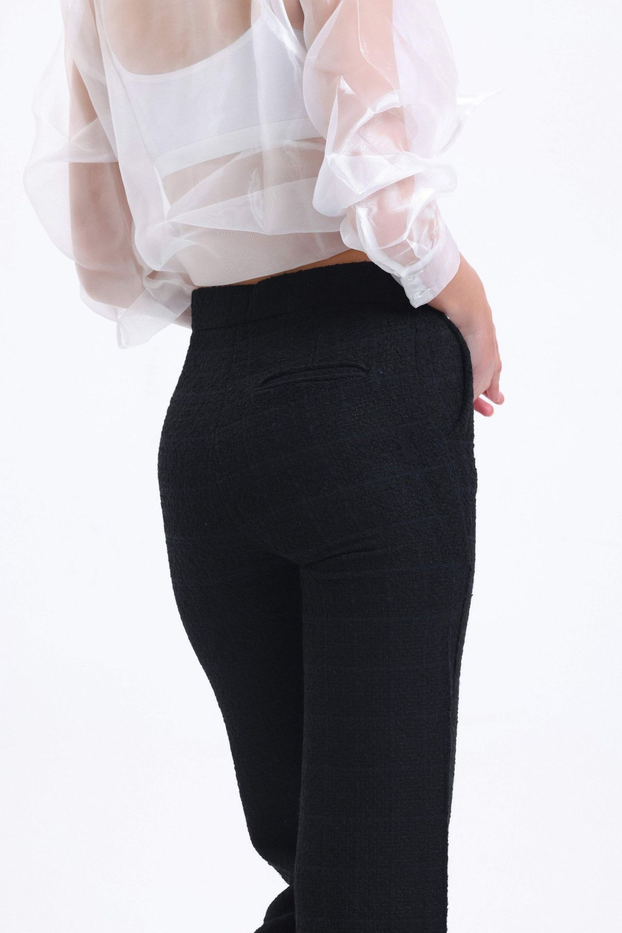 Tweed High Waist Straight Leg Trousers with a Tassel Hem