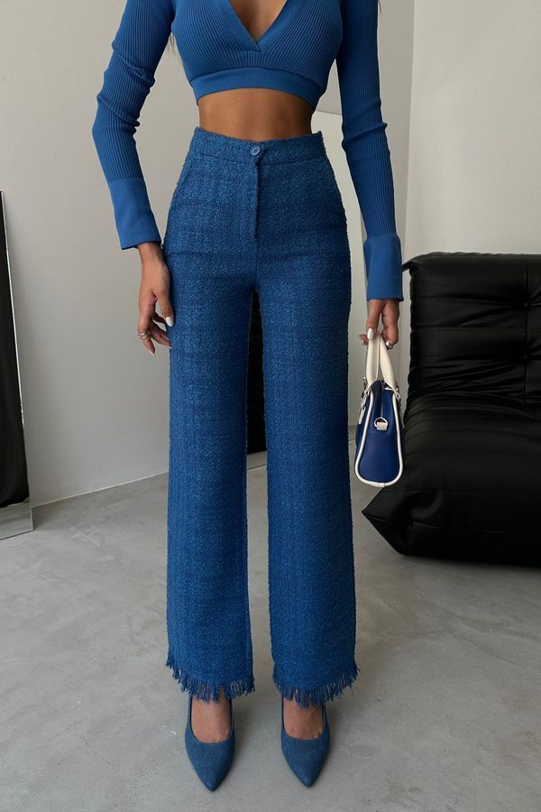 Püsküllü Paça Yüksek Bel Basen Düz Kesimli Tweed Pantolon 1