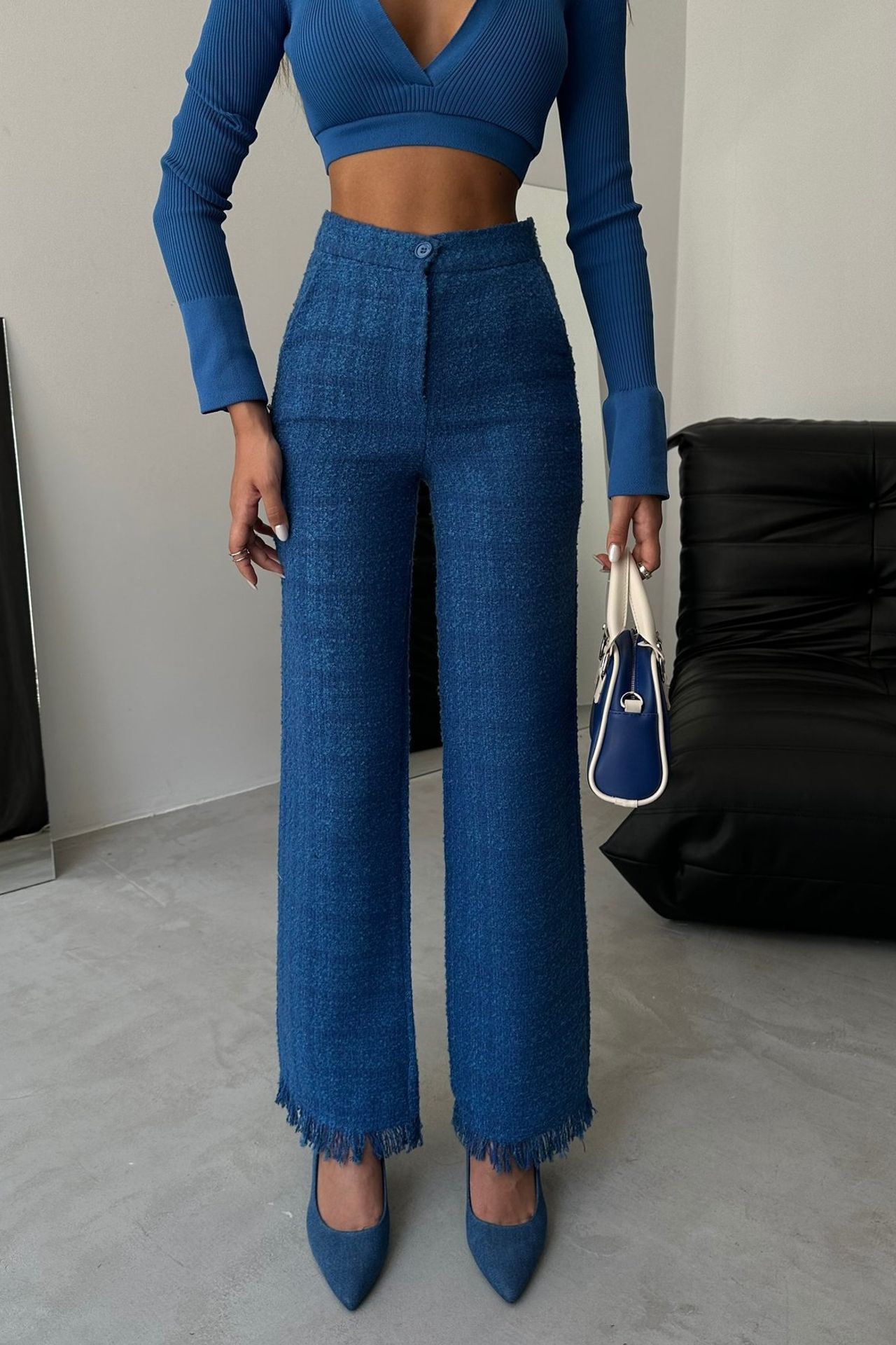 Tweed High Waist Straight Leg Trousers with a Tassel Hem