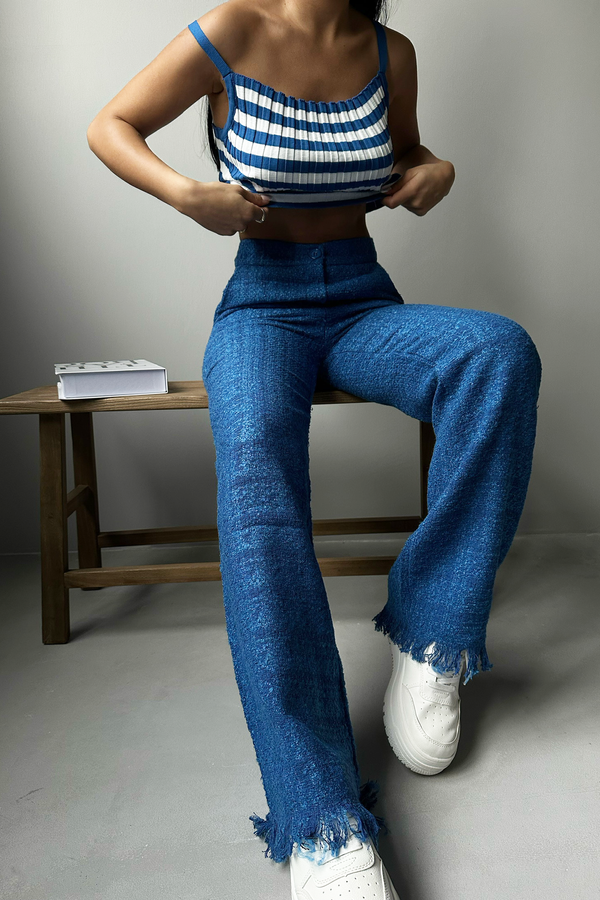 Püsküllü Paça Yüksek Bel Basen Düz Kesimli Tweed Pantolon 2
