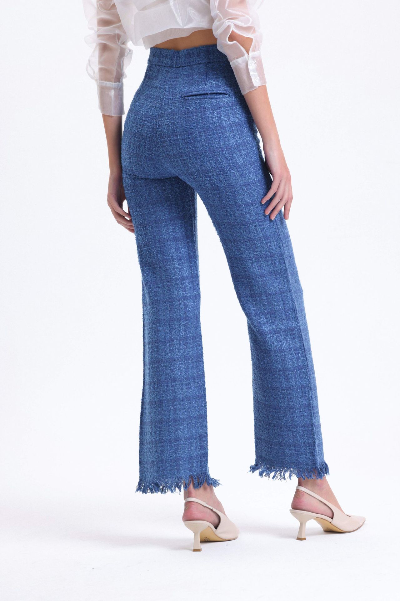 Tweed High Waist Straight Leg Trousers with a Tassel Hem