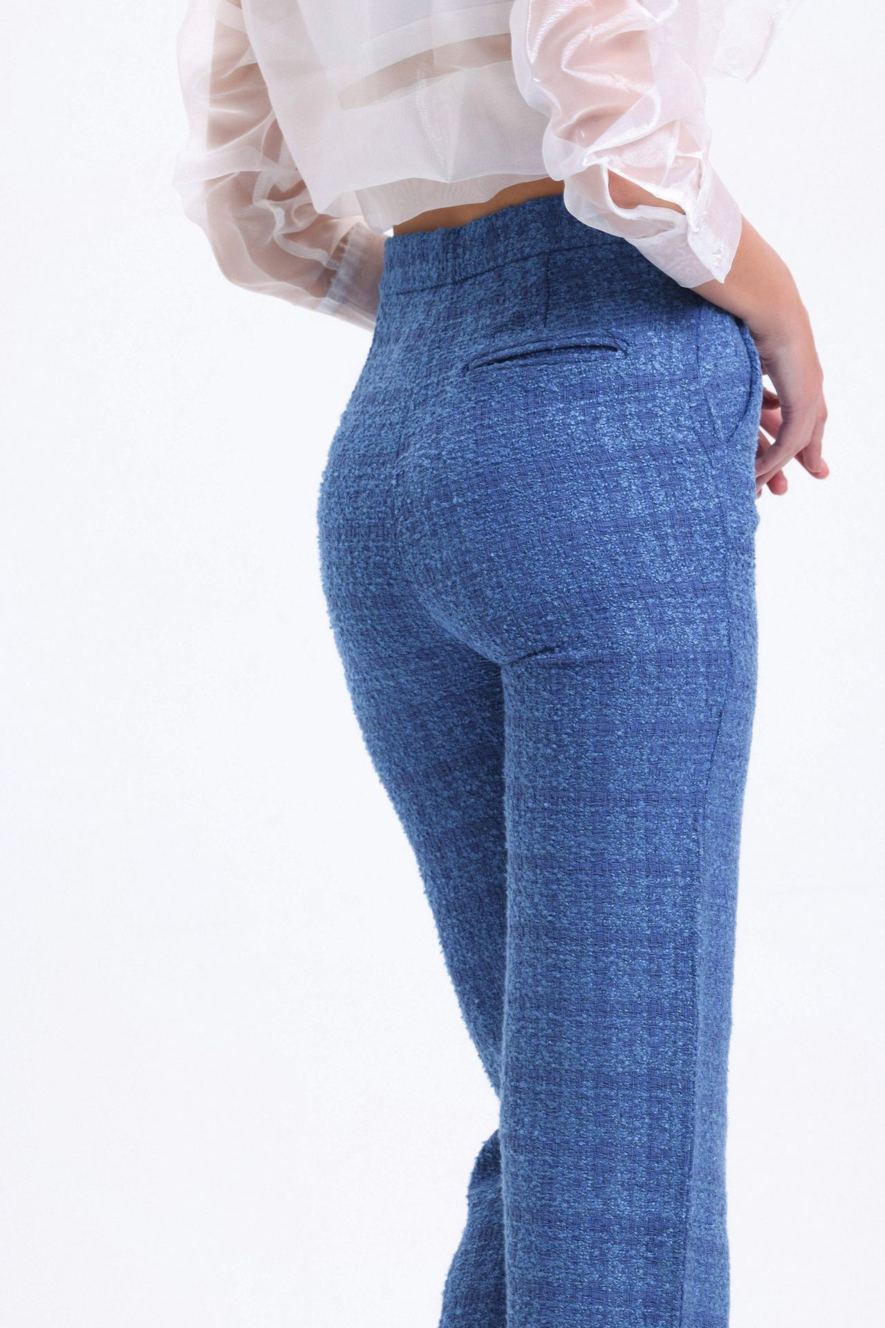 Tweed High Waist Straight Leg Trousers with a Tassel Hem