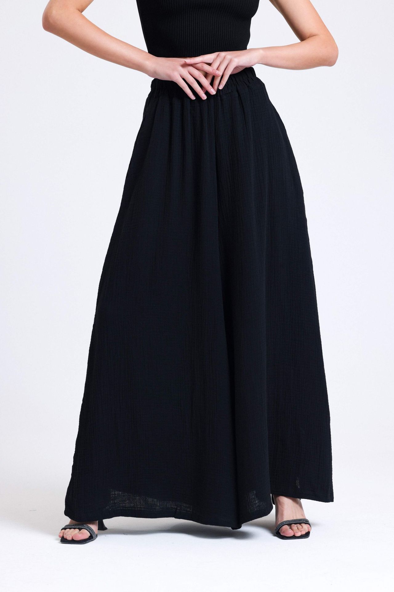 Linen High Waist Elastic Waist Wide Leg Trousers