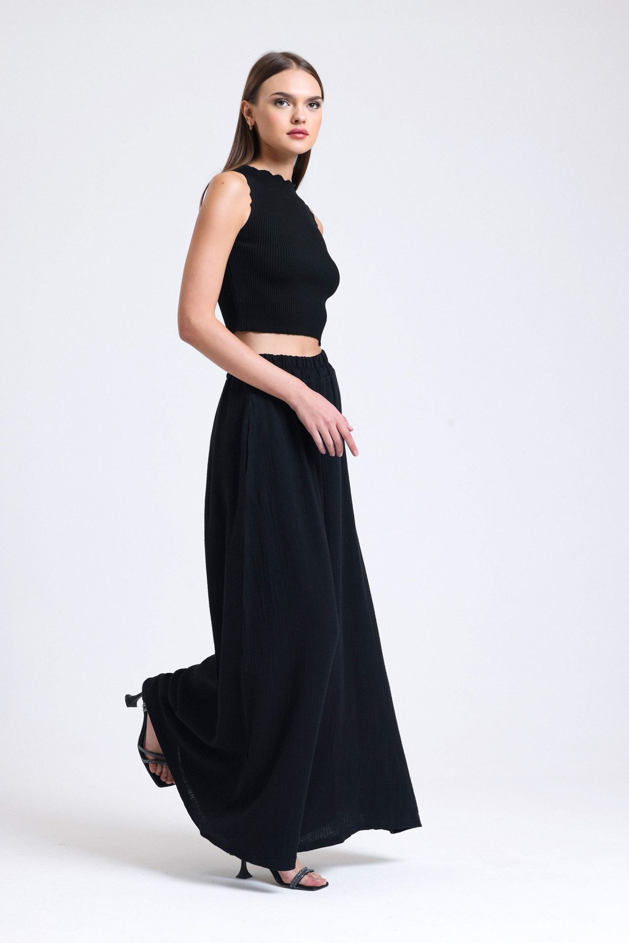 Linen High Waist Elastic Waist Wide Leg Trousers