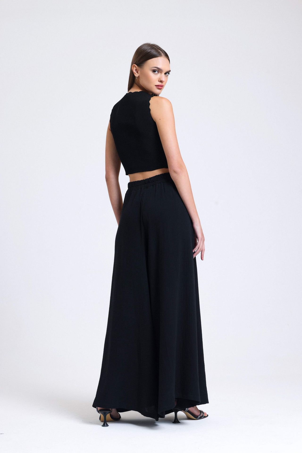 Linen High Waist Elastic Waist Wide Leg Trousers