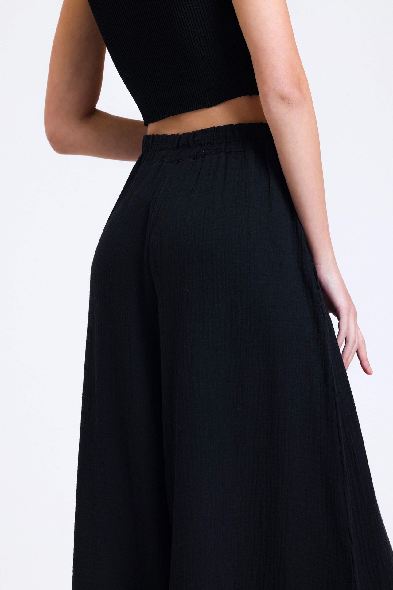 Linen High Waist Elastic Waist Wide Leg Trousers