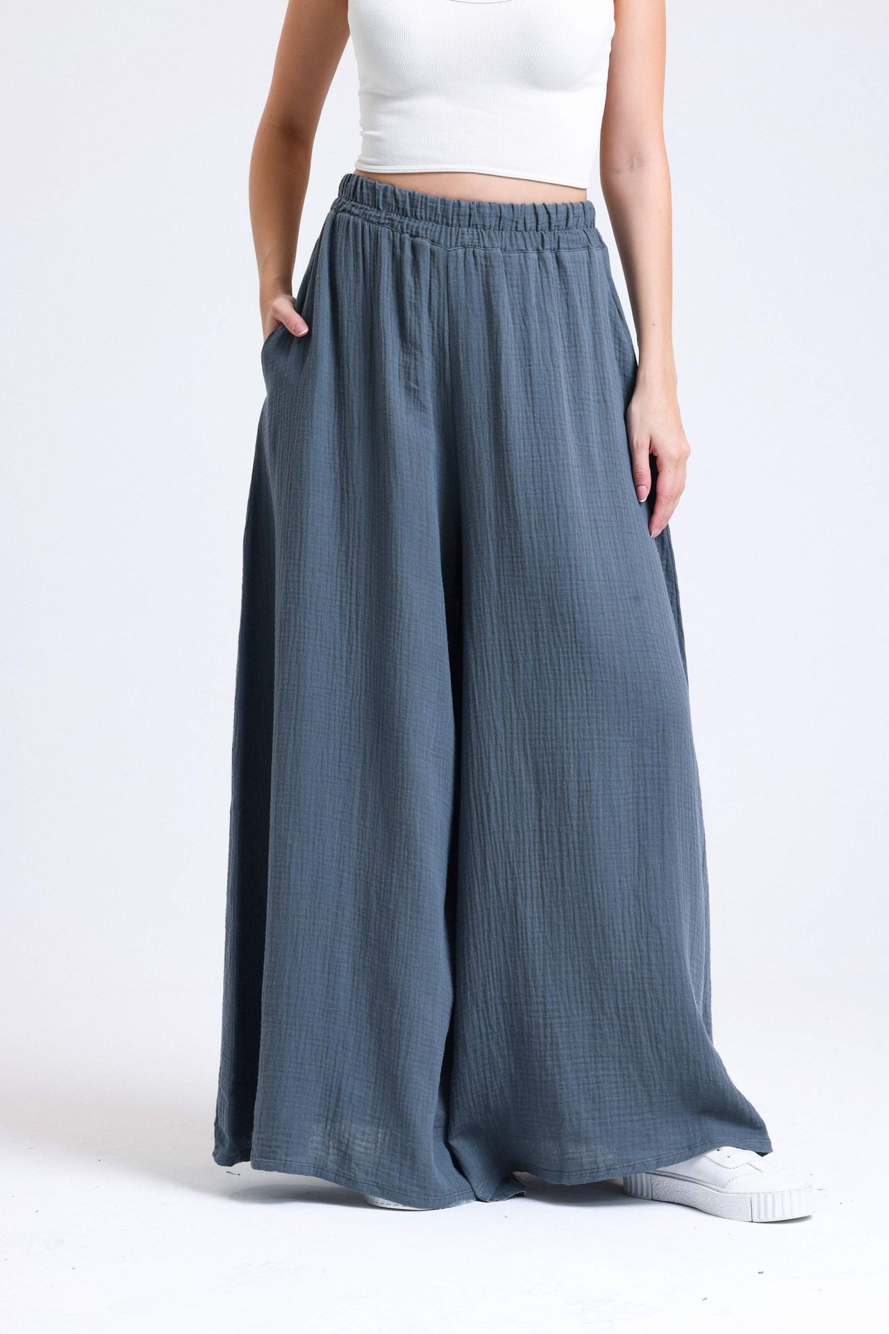 Linen High Waist Elastic Waist Wide Leg Trousers