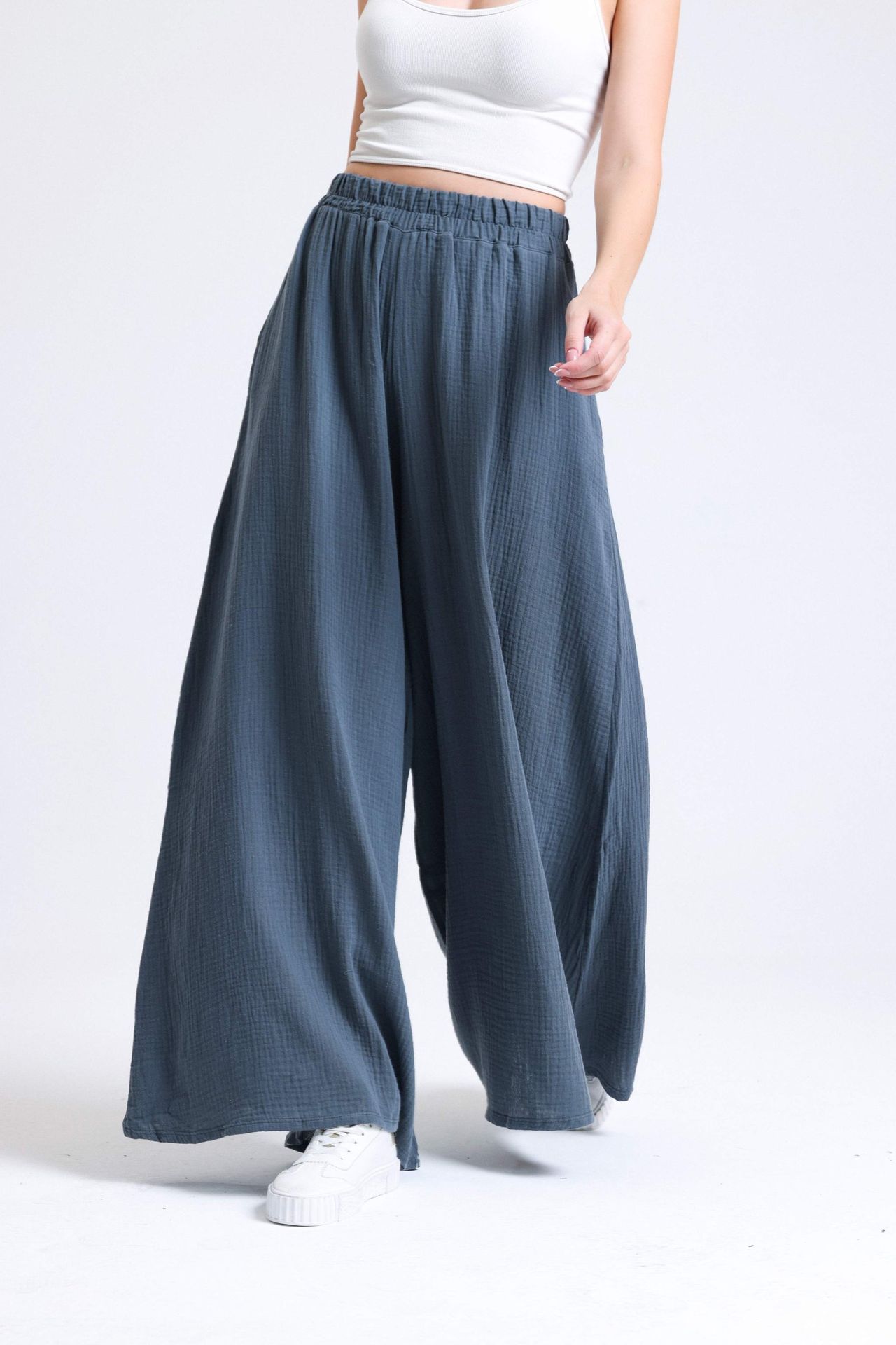 Linen High Waist Elastic Waist Wide Leg Trousers