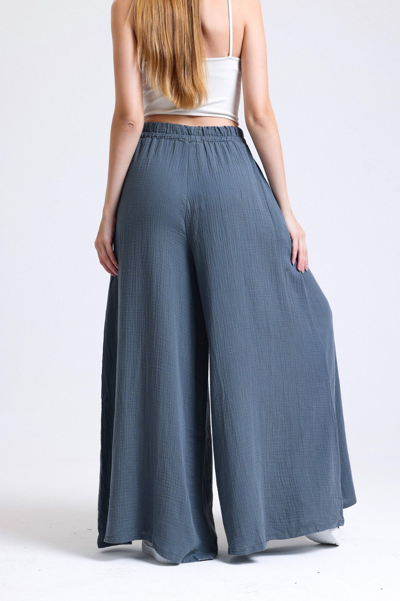 Linen High Waist Elastic Waist Wide Leg Trousers