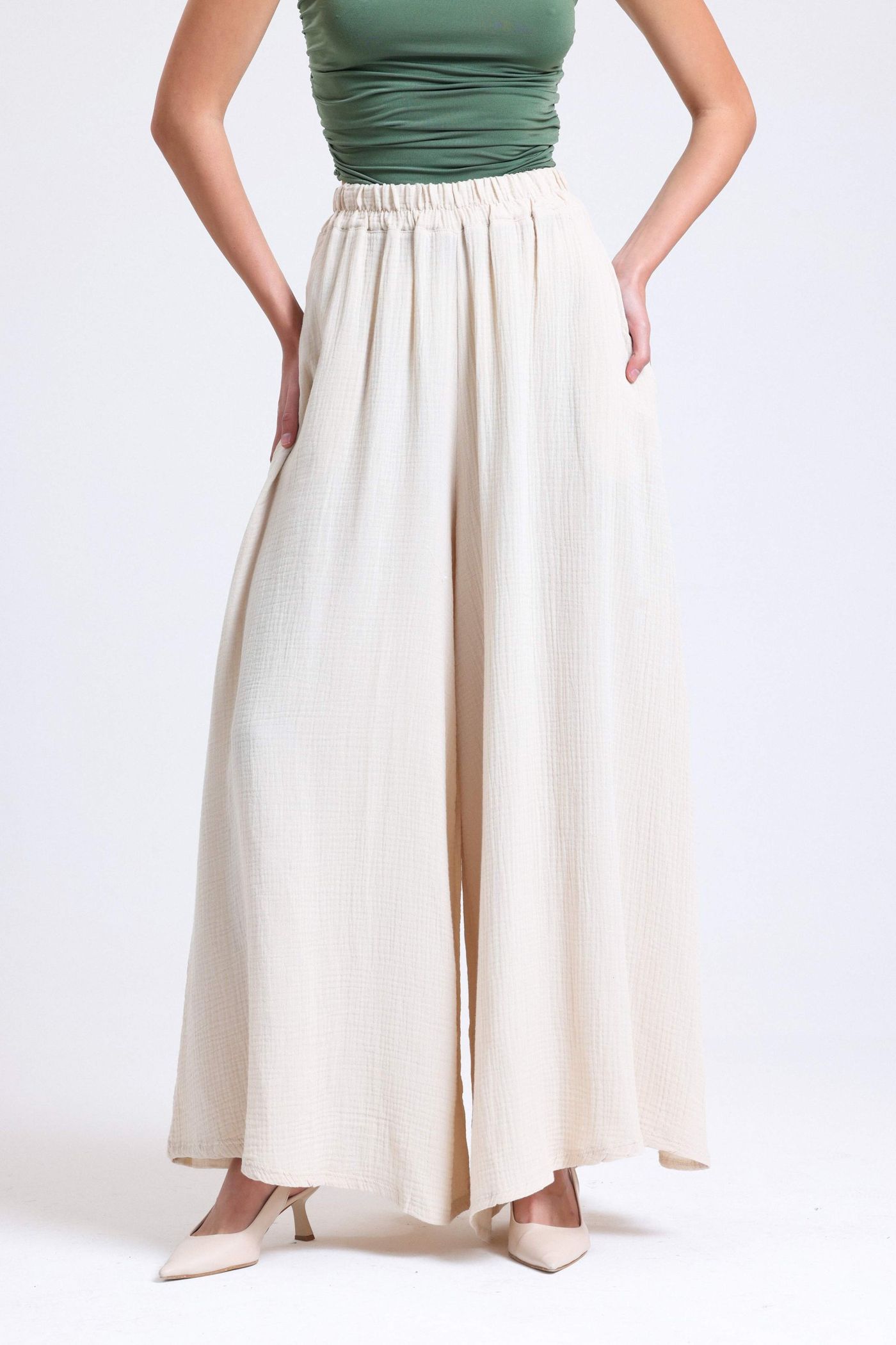 Linen High Waist Elastic Waist Wide Leg Trousers