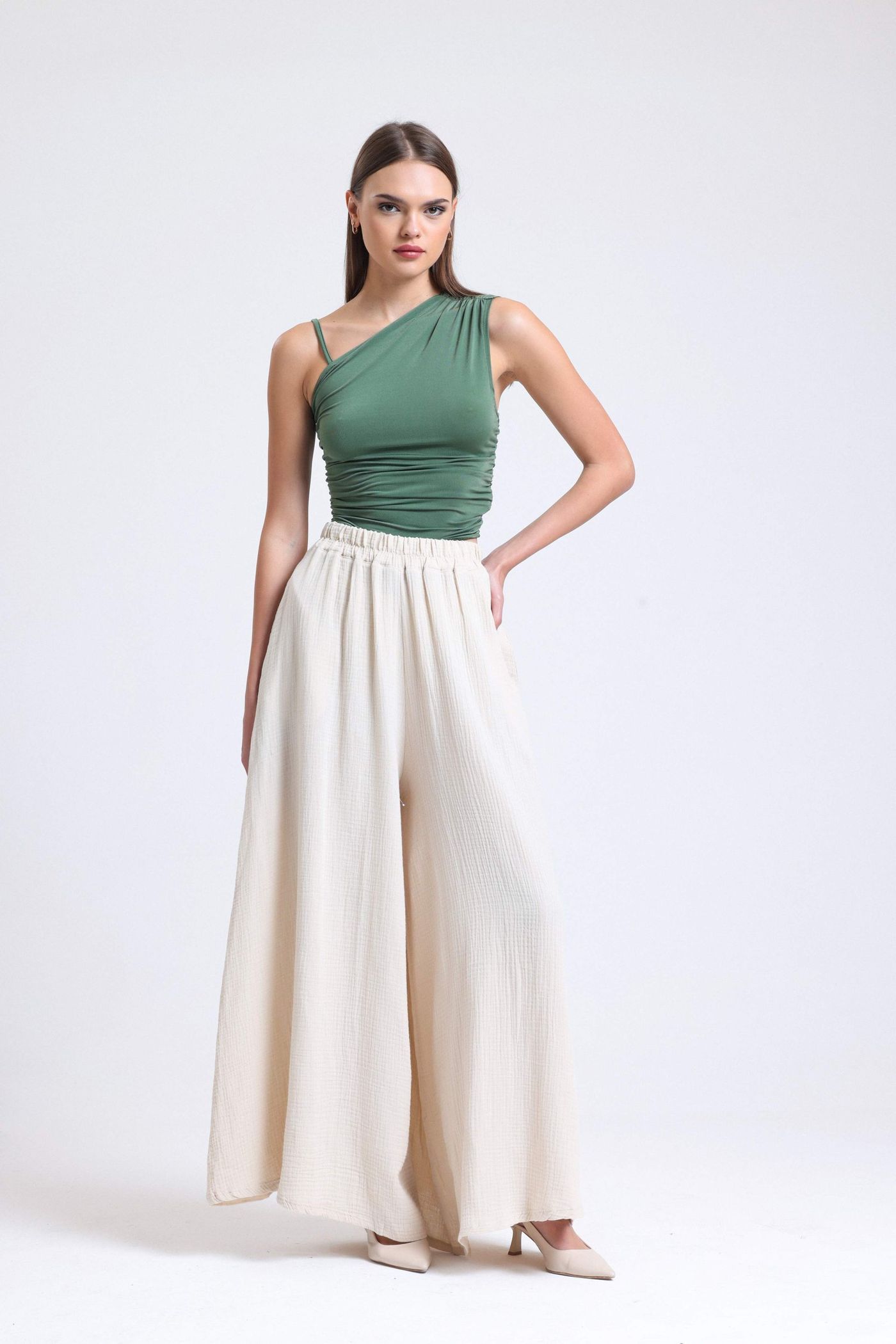 Linen High Waist Elastic Waist Wide Leg Trousers