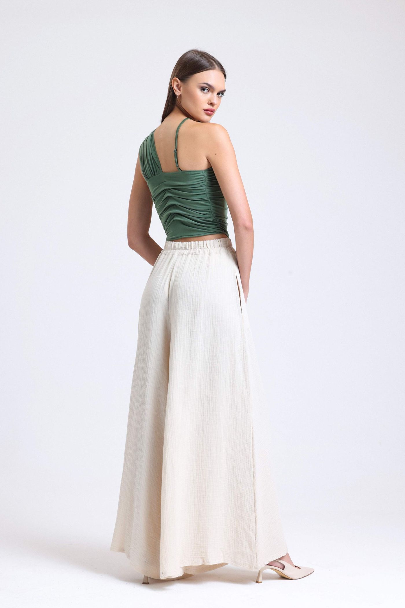 Linen High Waist Elastic Waist Wide Leg Trousers