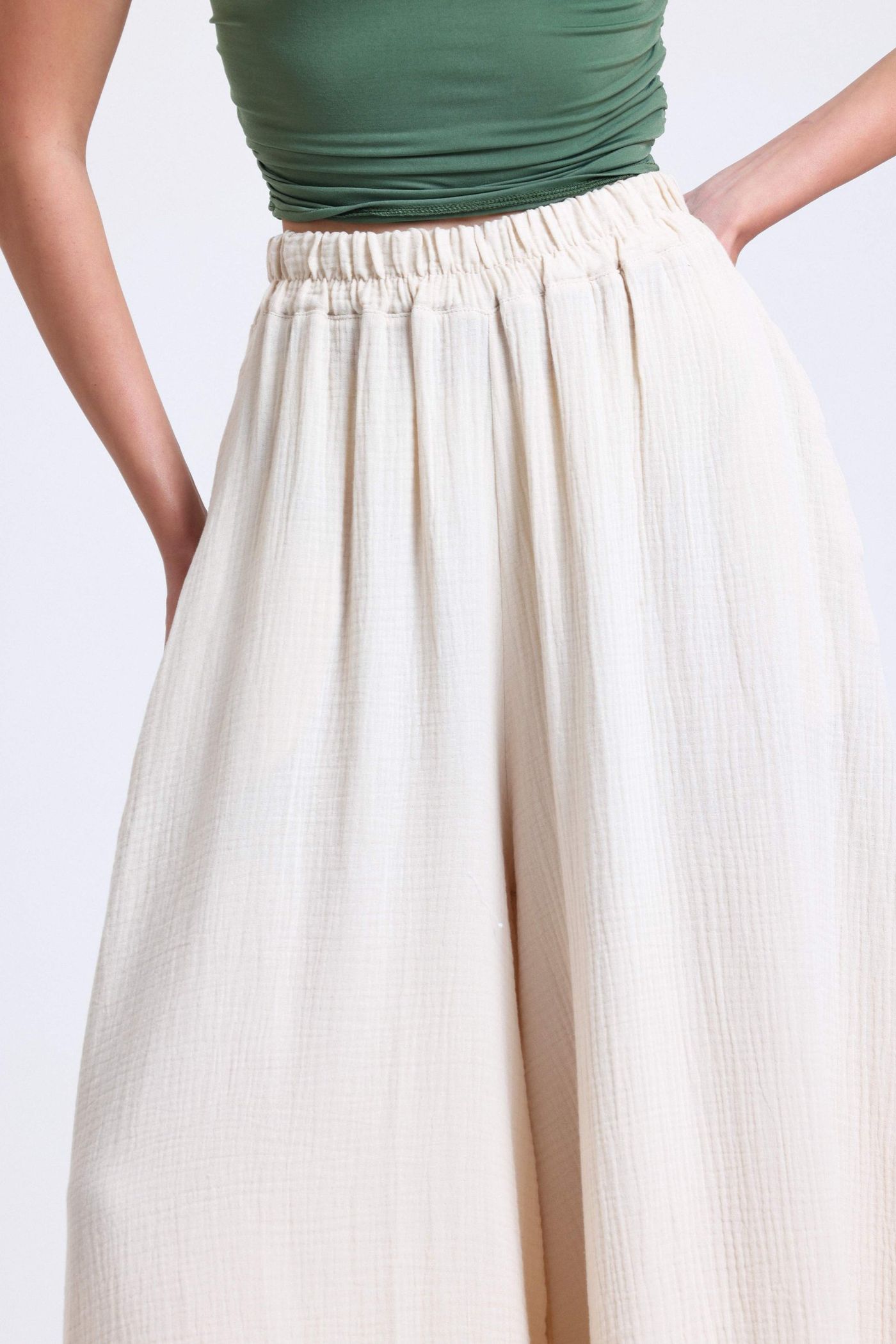 Linen High Waist Elastic Waist Wide Leg Trousers