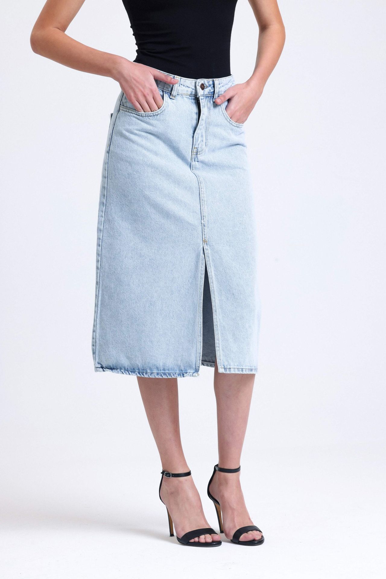 Denim Mid Rise Midi Skirt with a Front Slit