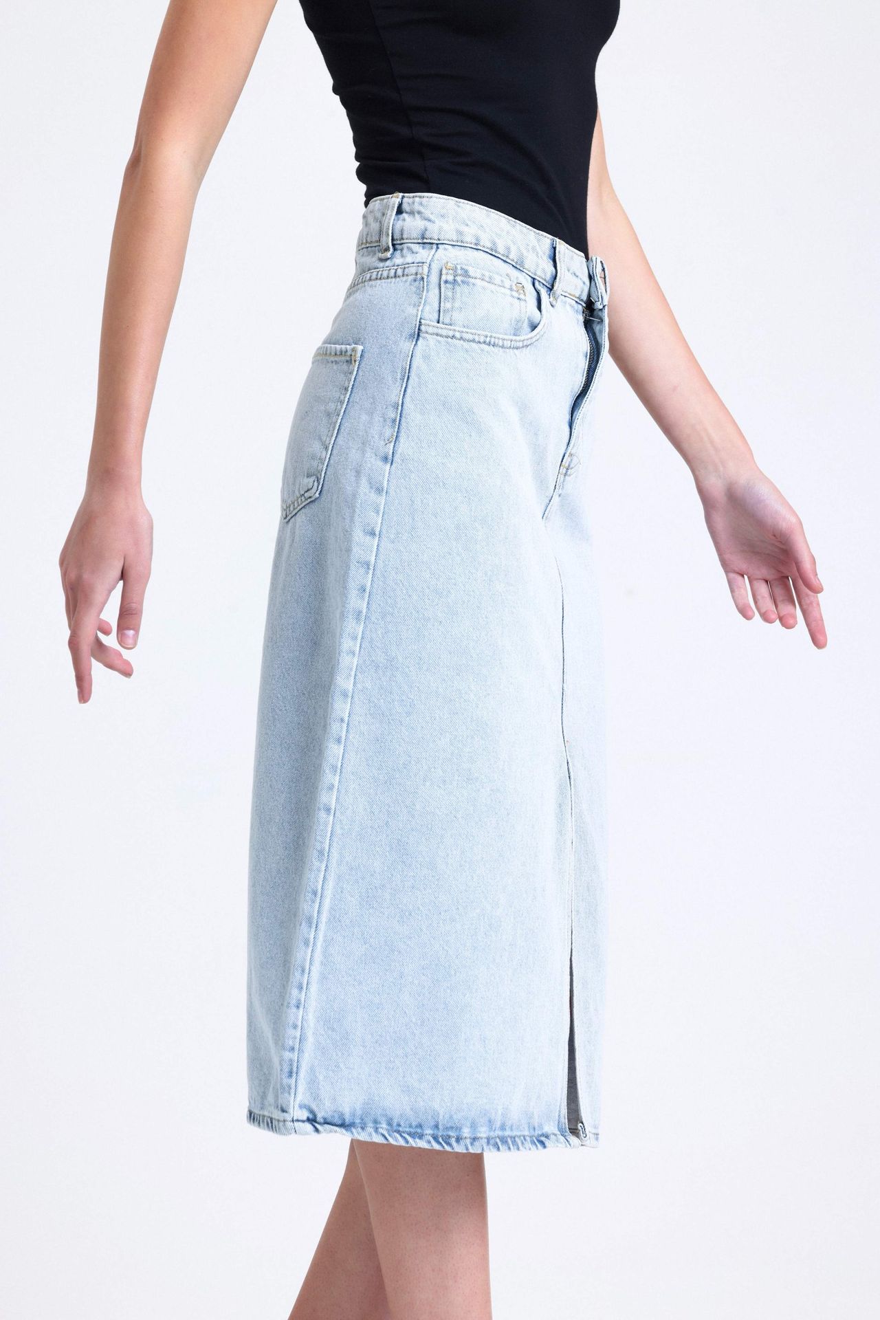 Denim Mid Rise Midi Skirt with a Front Slit