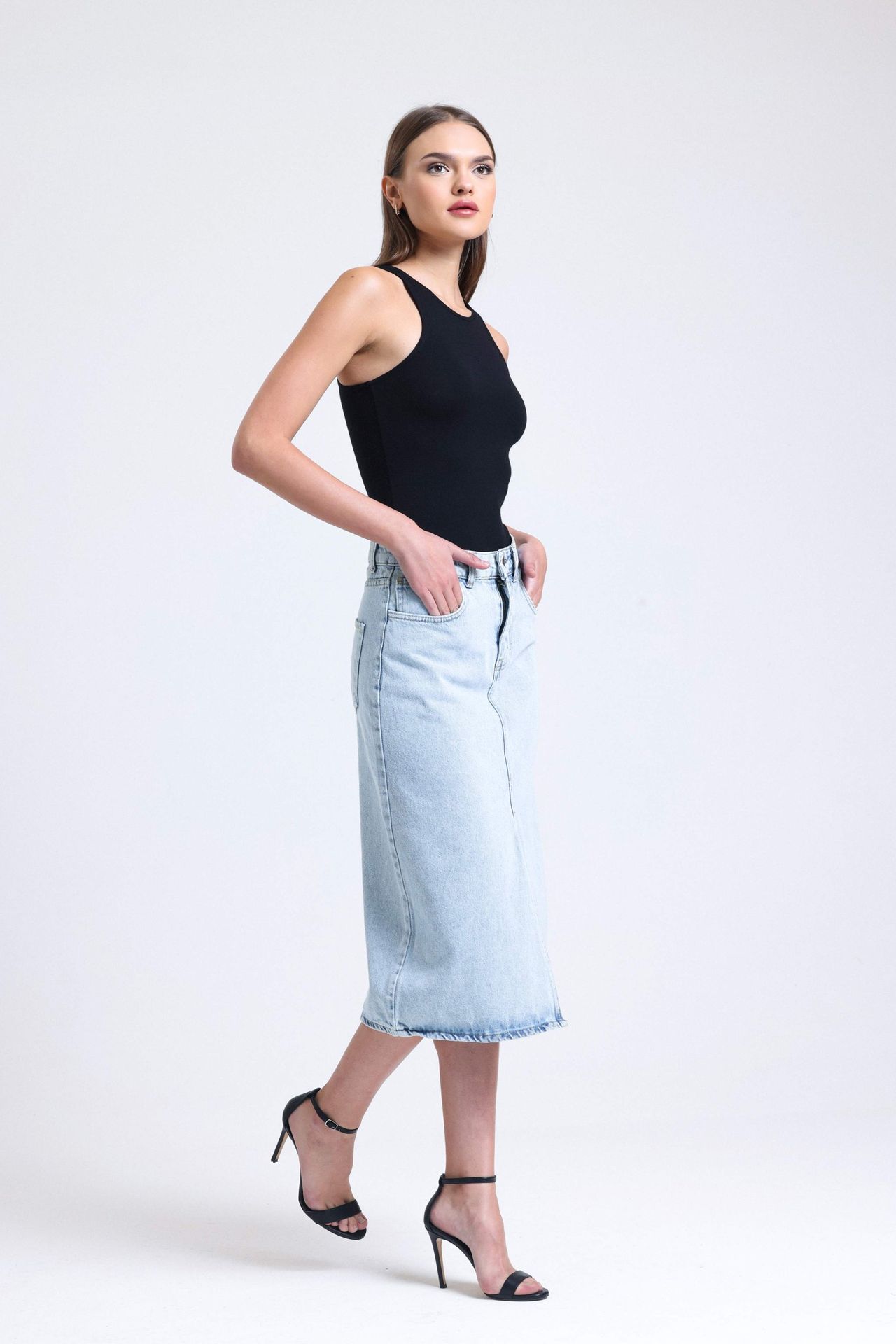 Denim Mid Rise Midi Skirt with a Front Slit