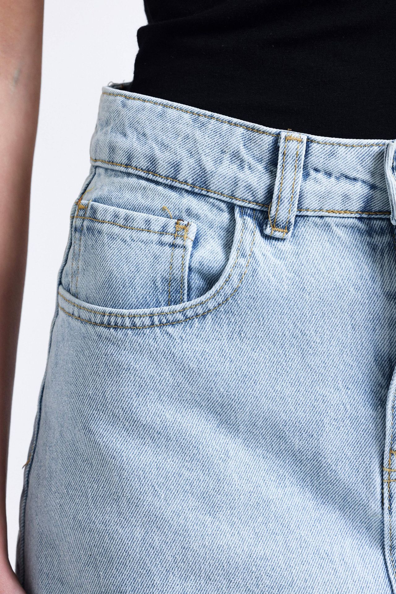 Denim Mid Rise Midi Skirt with a Front Slit