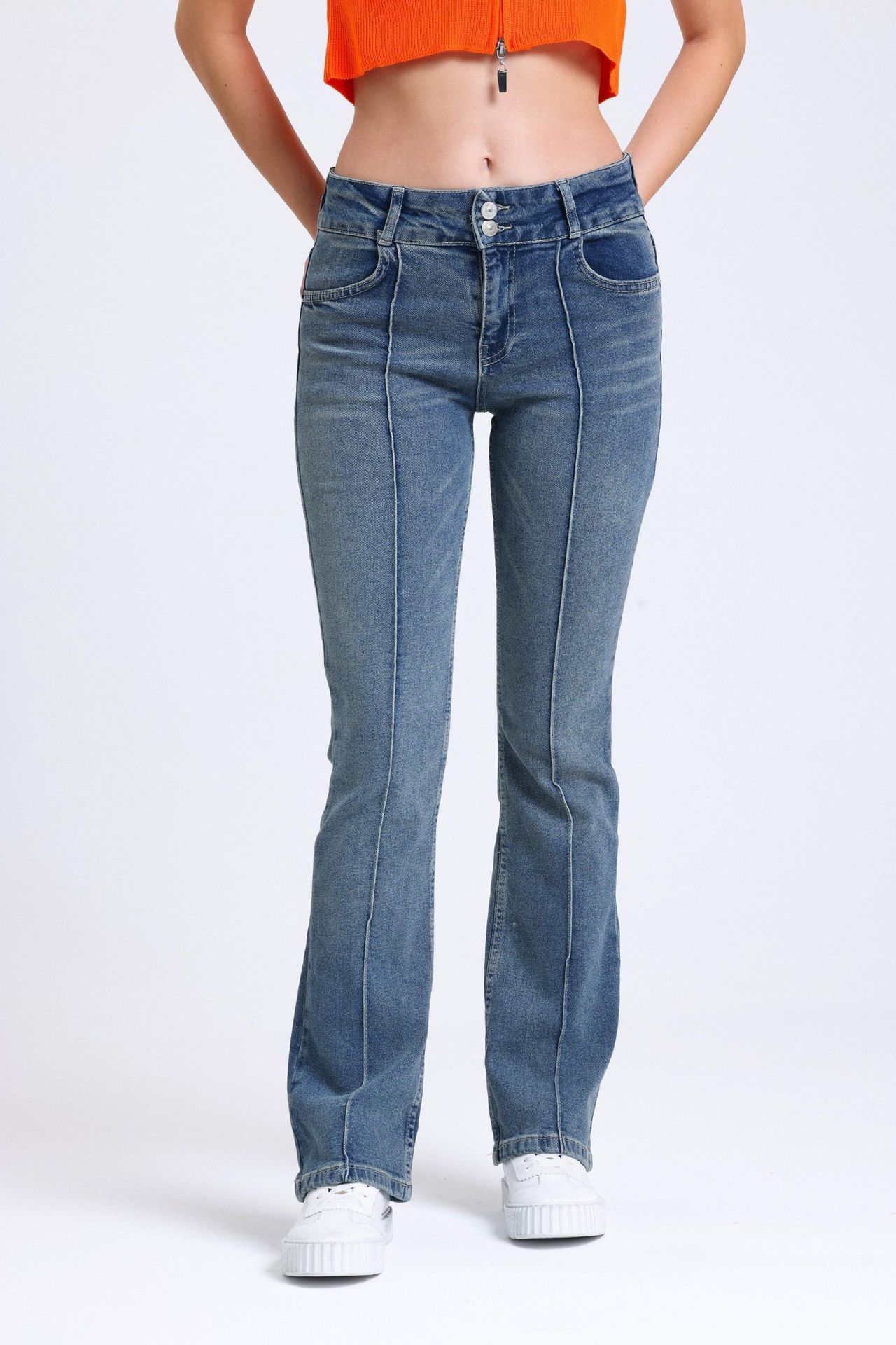 Mid Rise Ribbed Straight Leg Jeans
