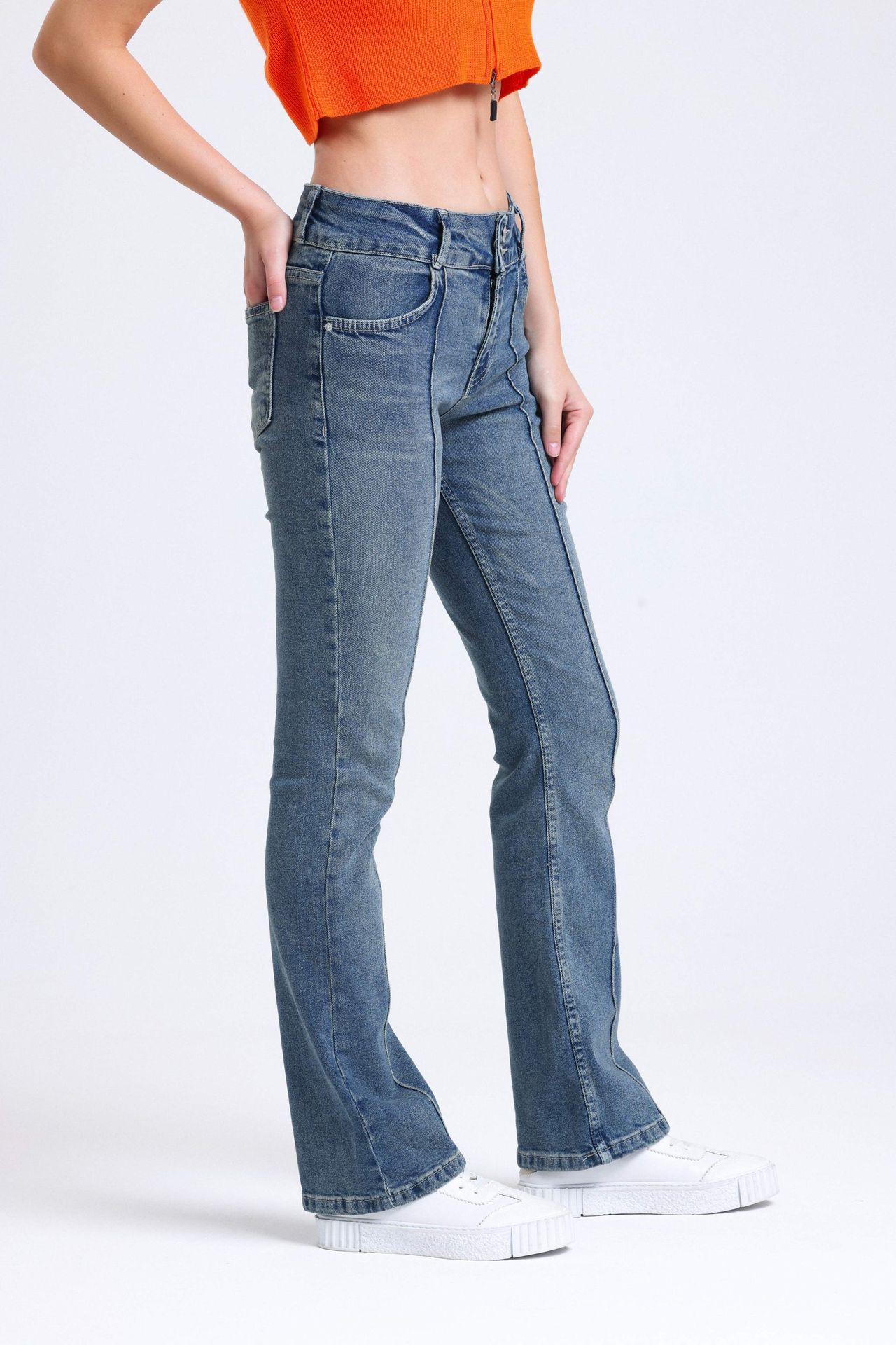 Mid Rise Ribbed Straight Leg Jeans