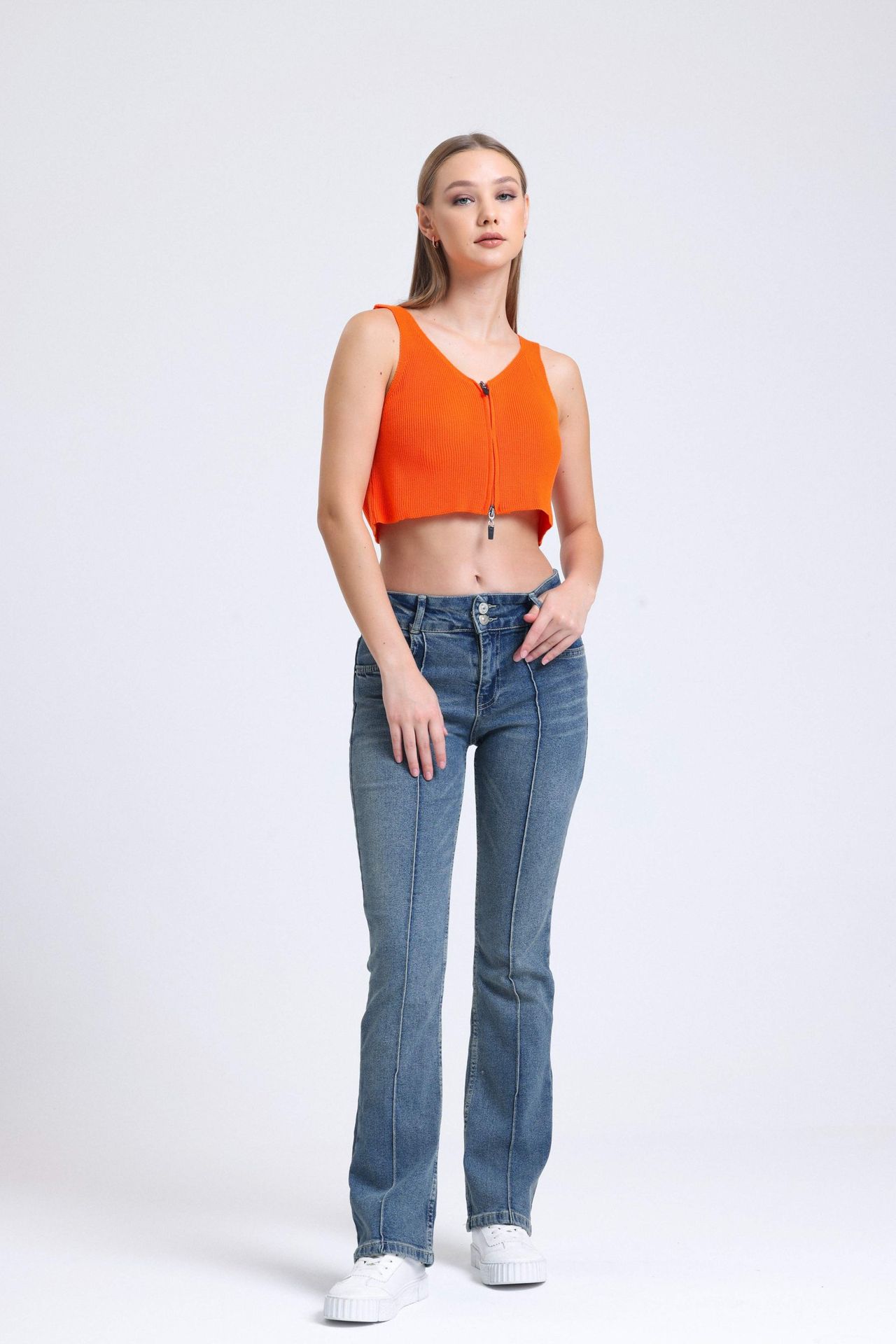 Mid Rise Ribbed Straight Leg Jeans
