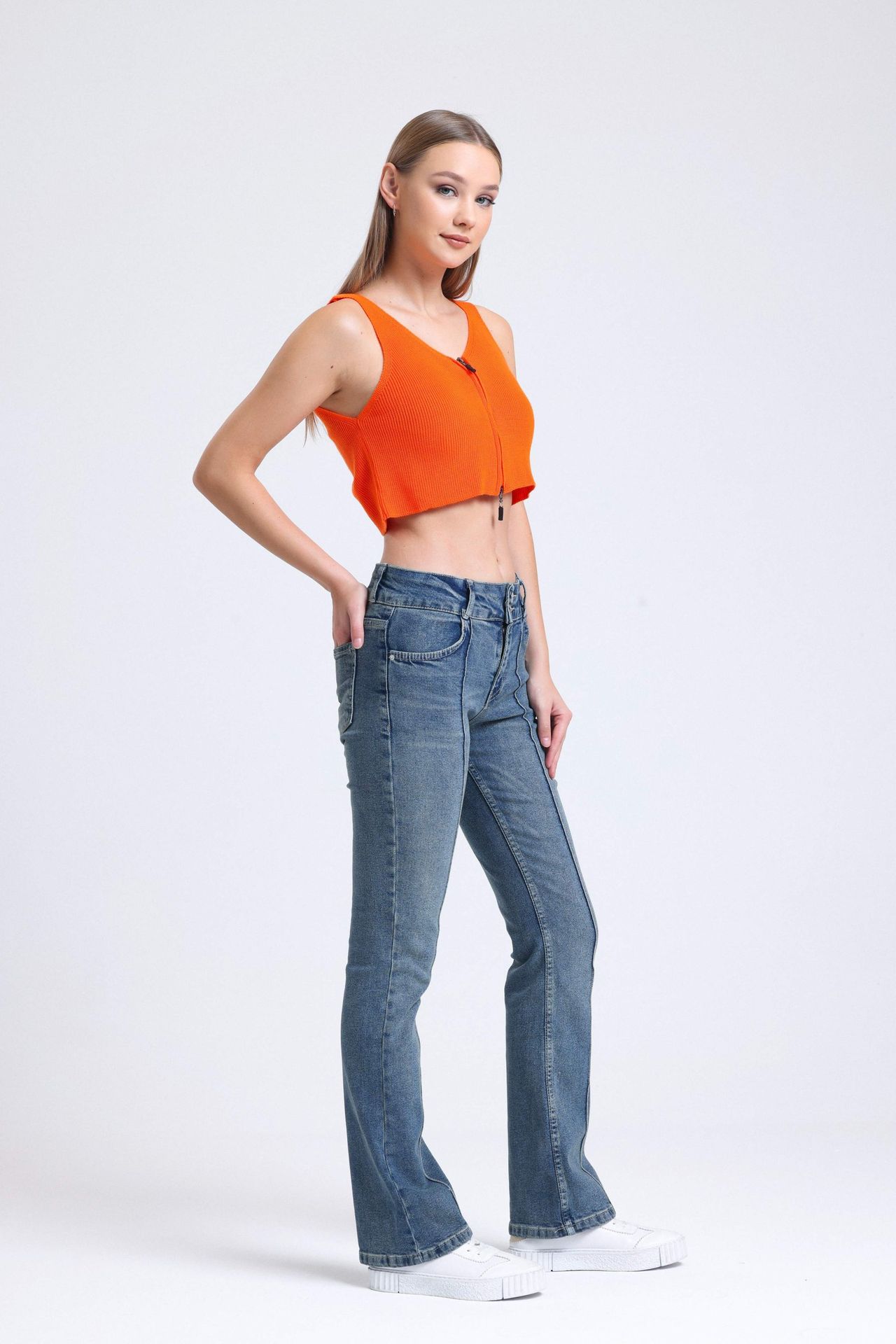 Mid Rise Ribbed Straight Leg Jeans