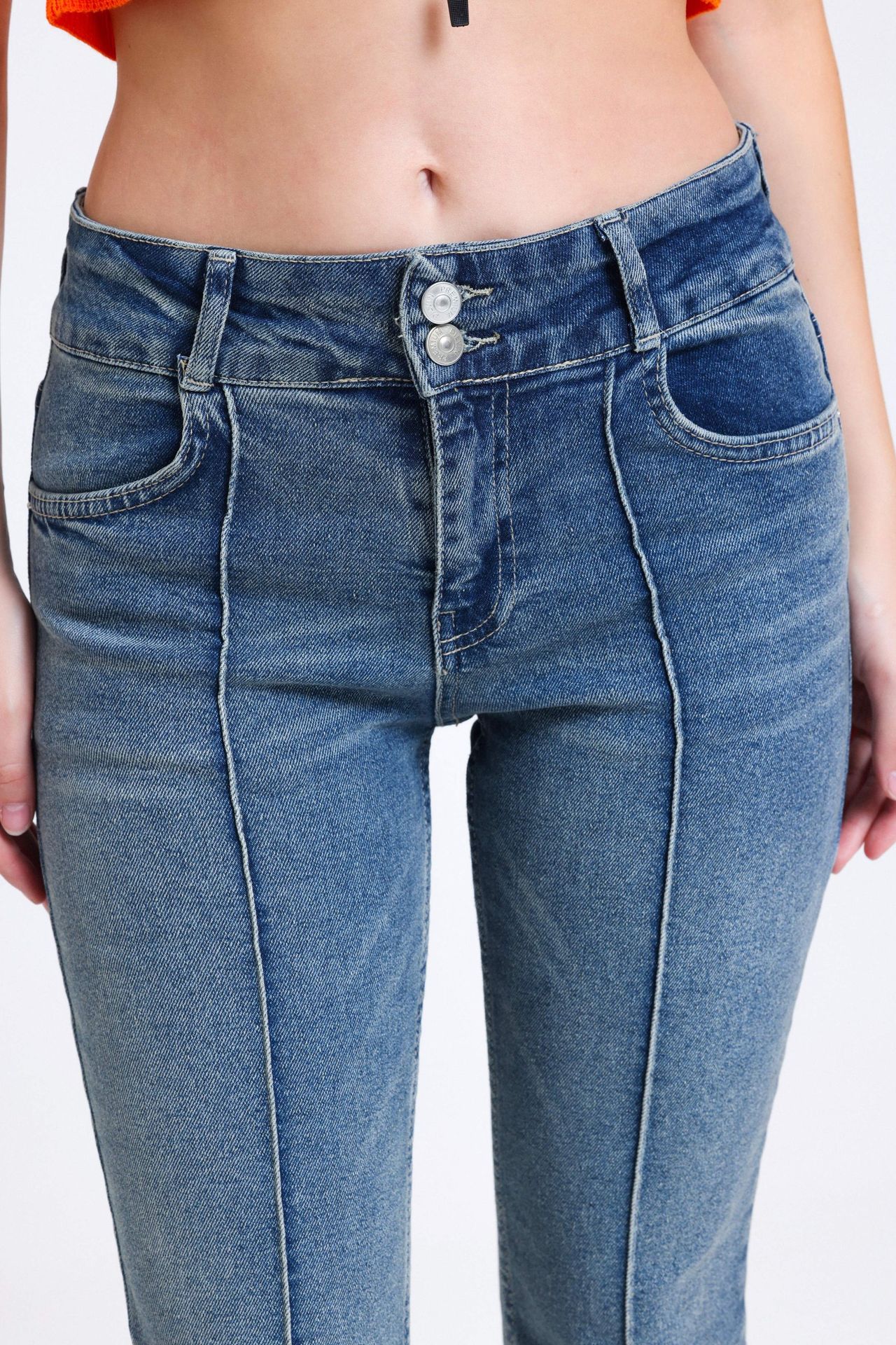Mid Rise Ribbed Straight Leg Jeans