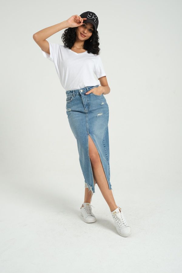 Denim High Waist Ripped Midi Skirt with a Front Slit 2