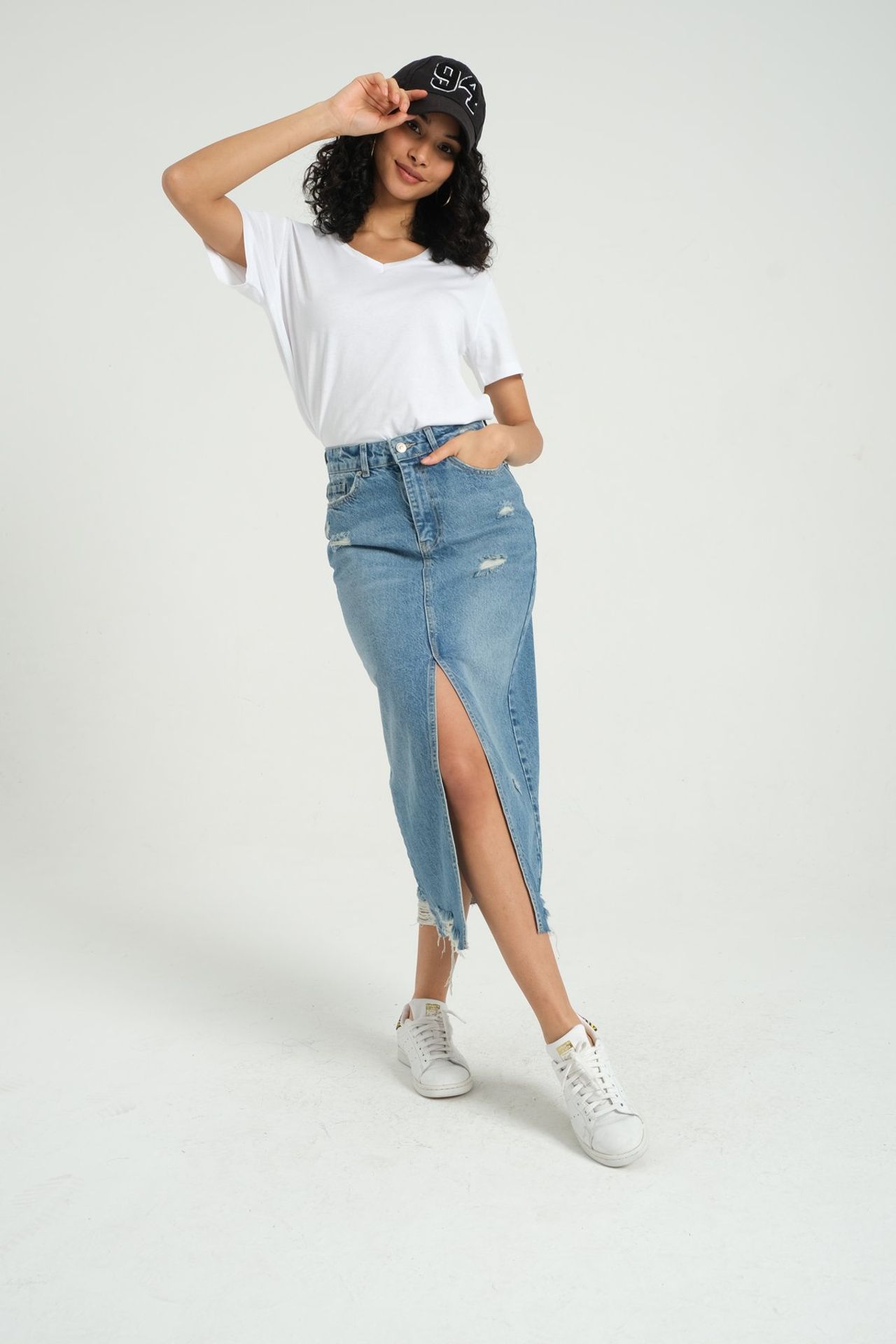 Denim High Waist Ripped Midi Skirt with a Front Slit