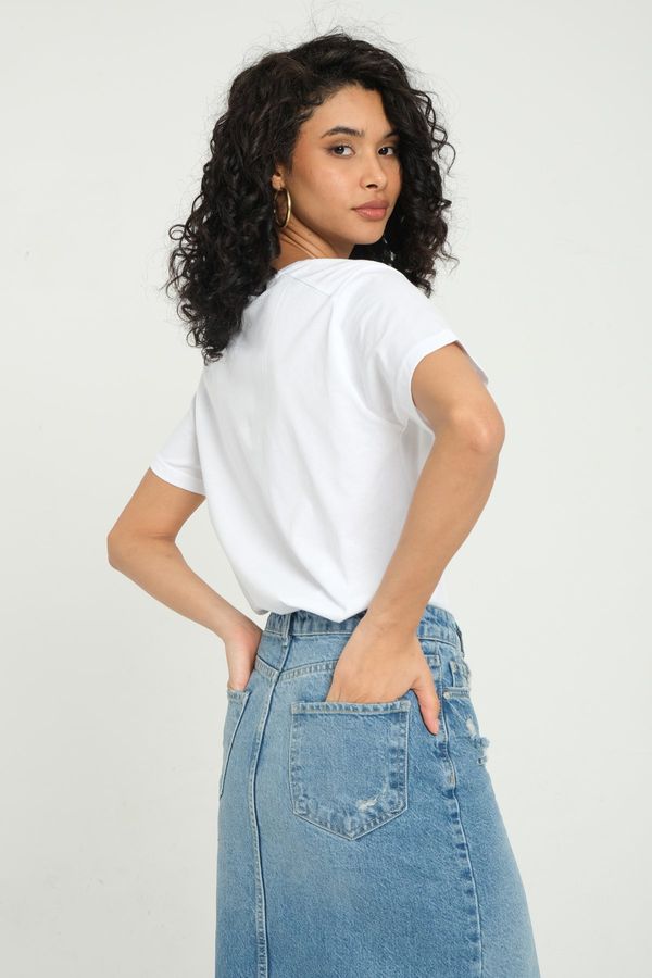 Denim High Waist Ripped Midi Skirt with a Front Slit 3