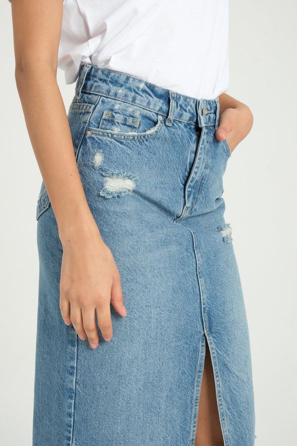 Denim High Waist Ripped Midi Skirt with a Front Slit 4