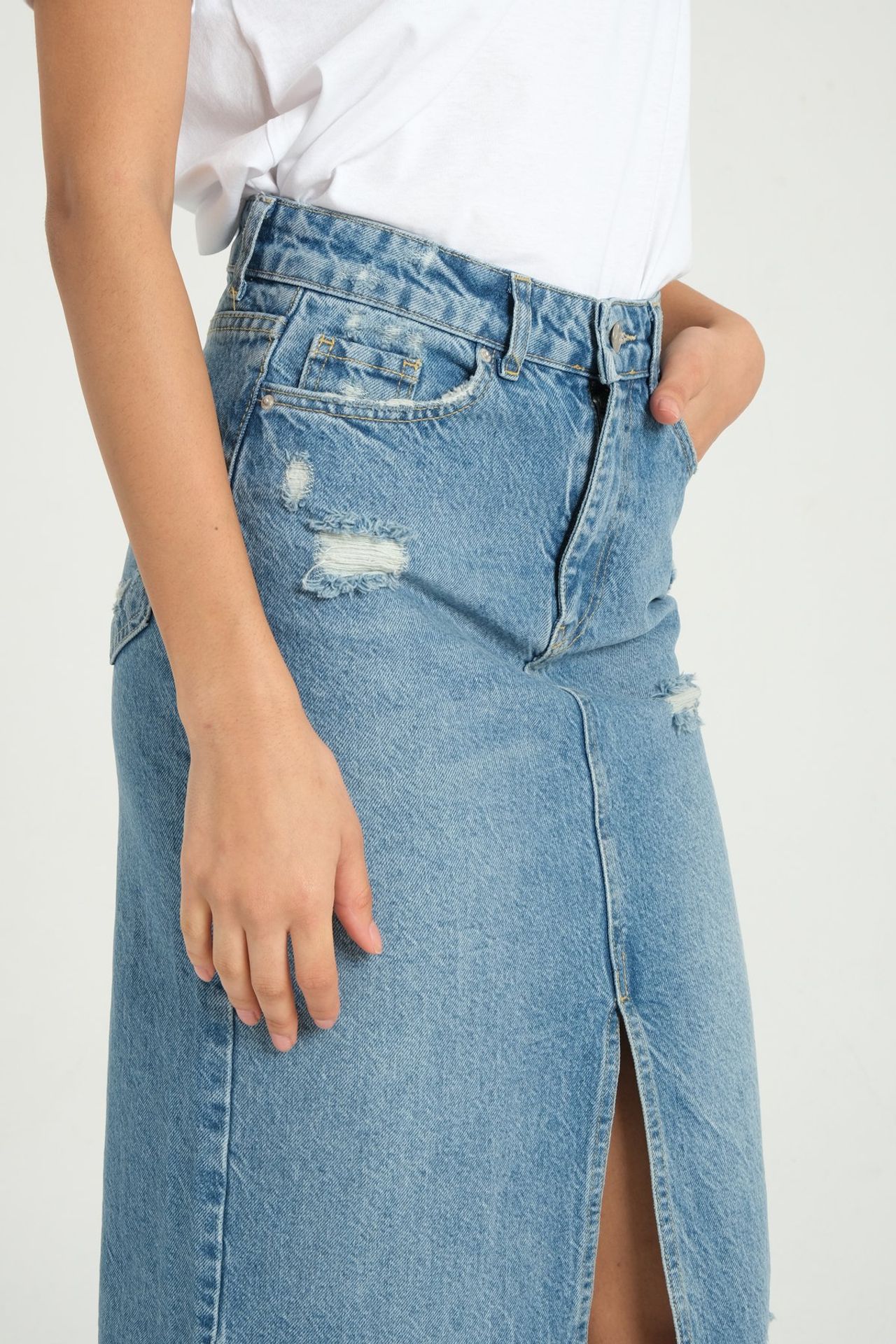 Denim High Waist Ripped Midi Skirt with a Front Slit