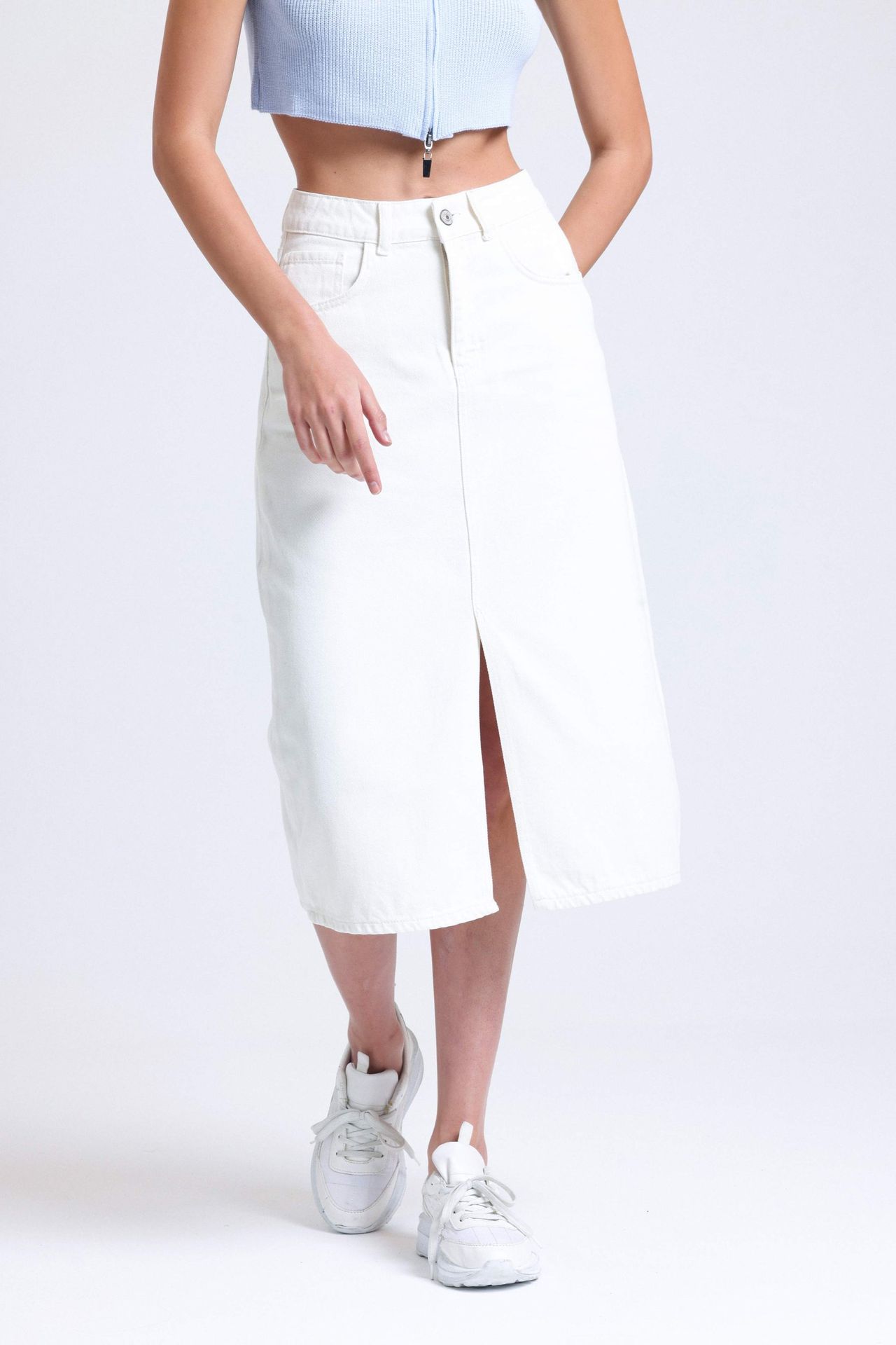 Denim High Waist Midi Skirt with a Front Slit
