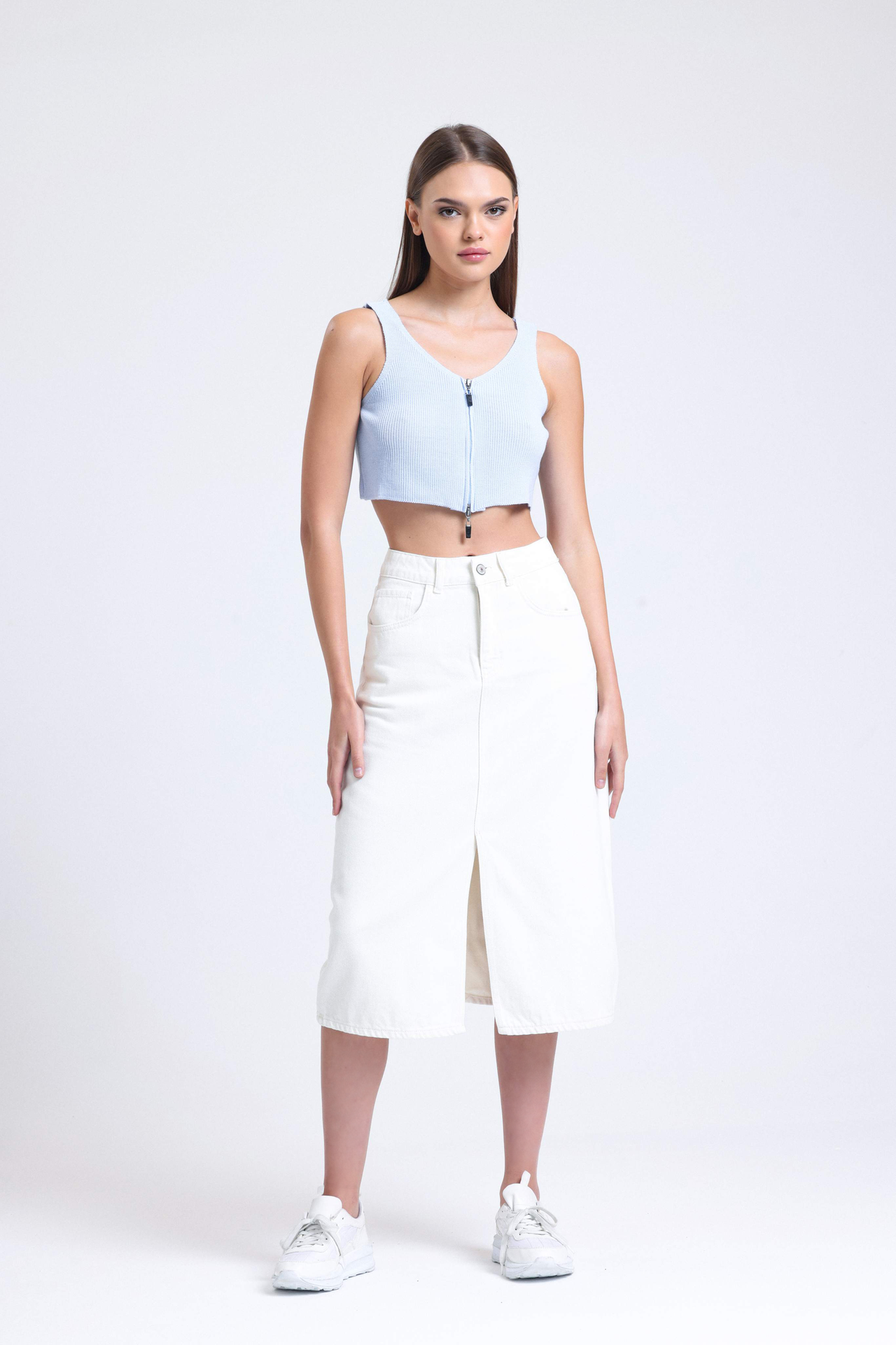 Denim High Waist Midi Skirt with a Front Slit