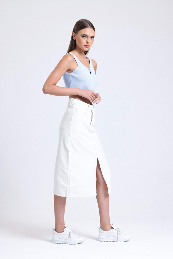 Denim High Waist Midi Skirt with a Front Slit 3