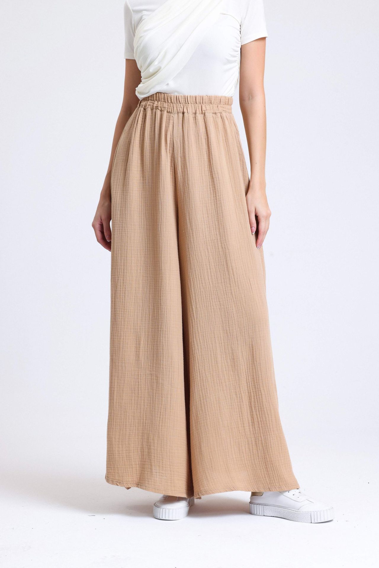 Linen High Waist Elastic Waist Wide Leg Trousers