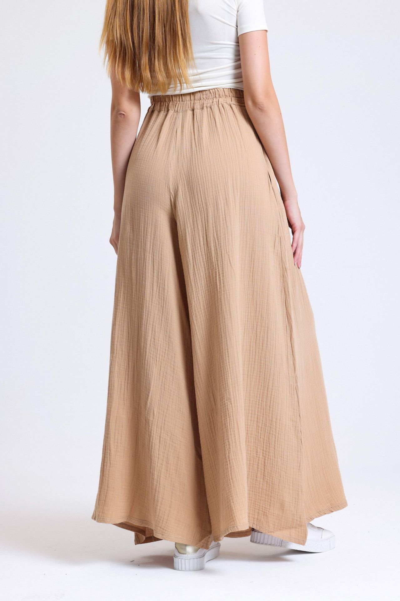 Linen High Waist Elastic Waist Wide Leg Trousers