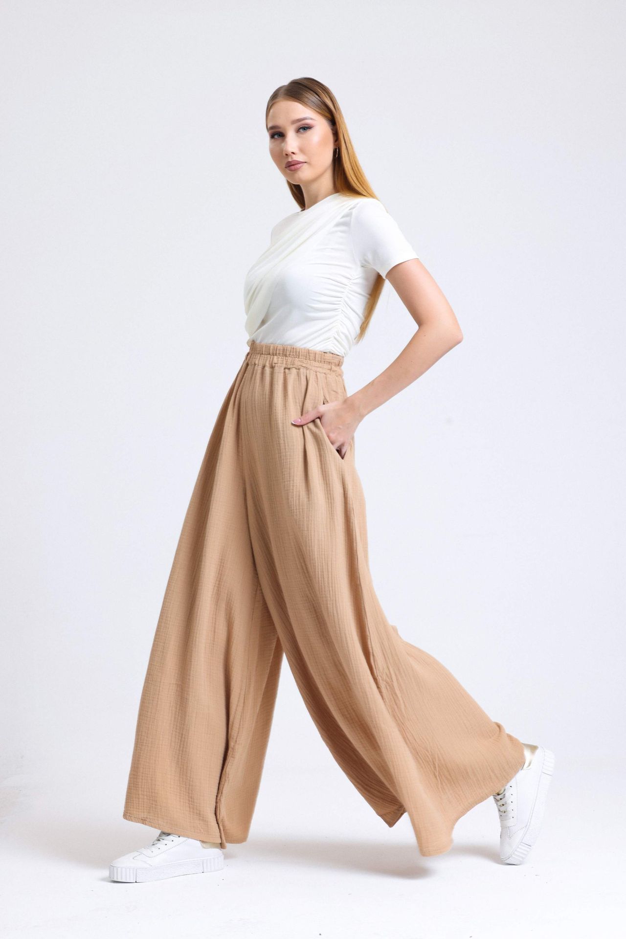 Linen High Waist Elastic Waist Wide Leg Trousers