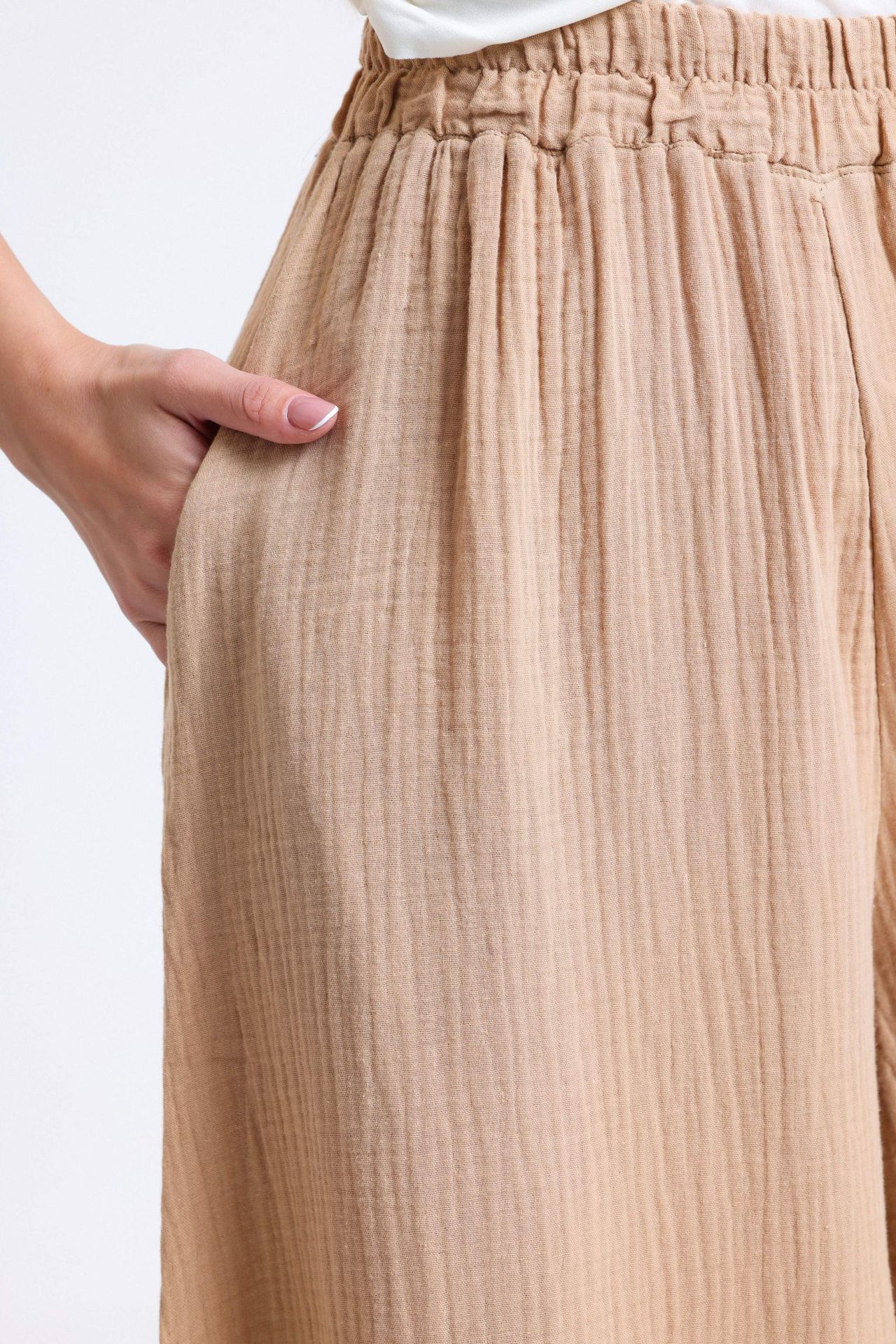 Linen High Waist Elastic Waist Wide Leg Trousers