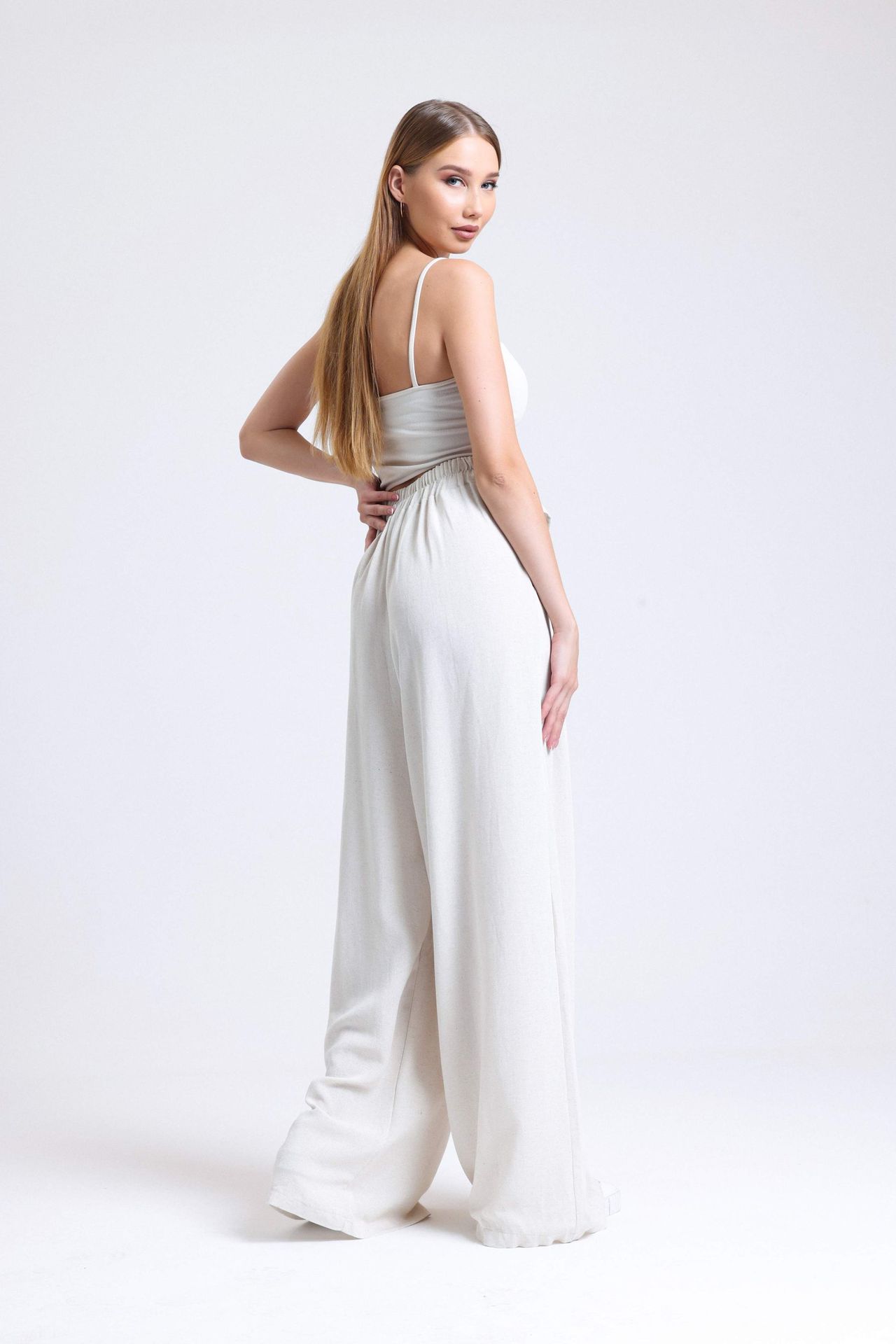 Linen High Waist Pleated Pocket Wide Leg Trousers