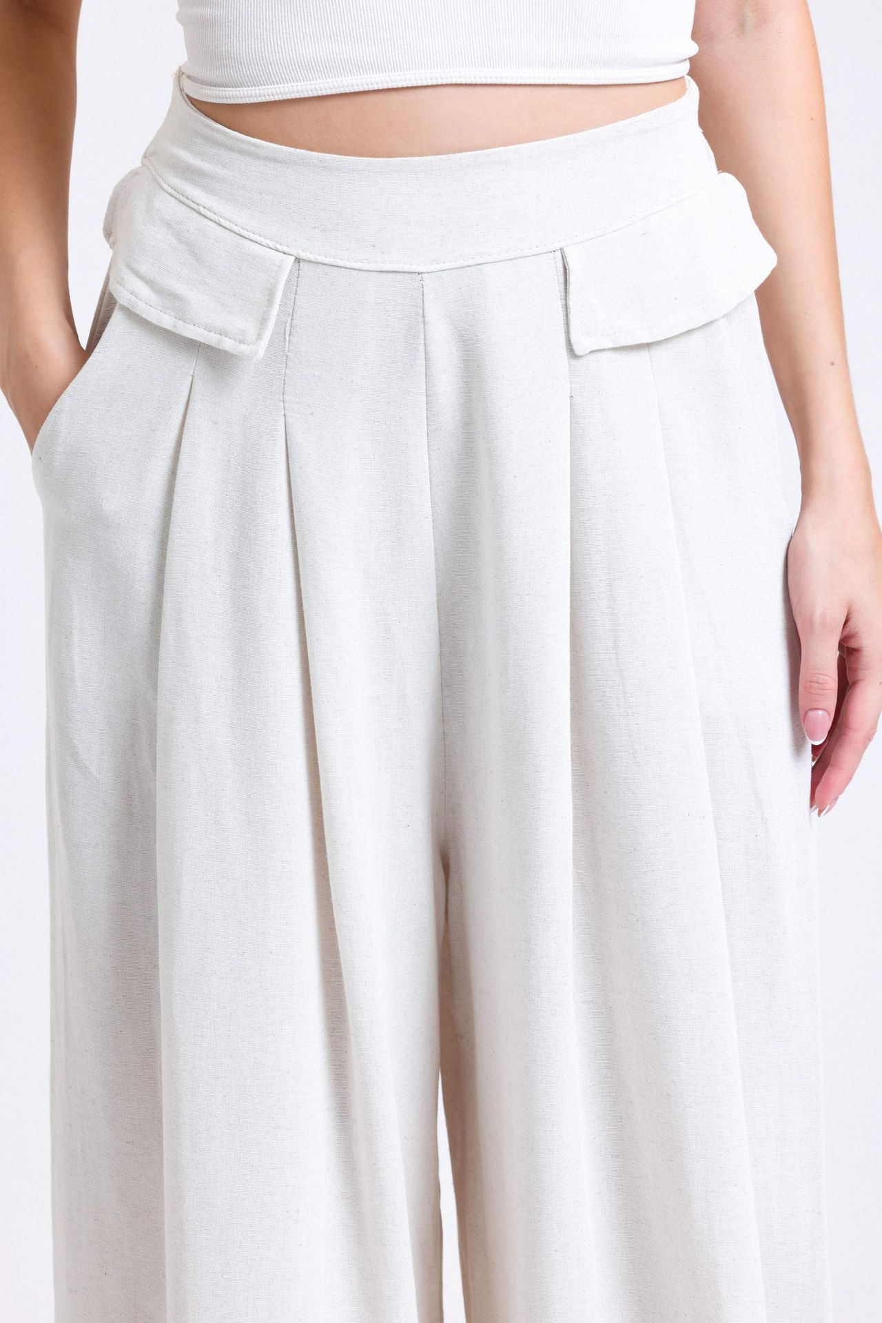 Linen High Waist Pleated Pocket Wide Leg Trousers