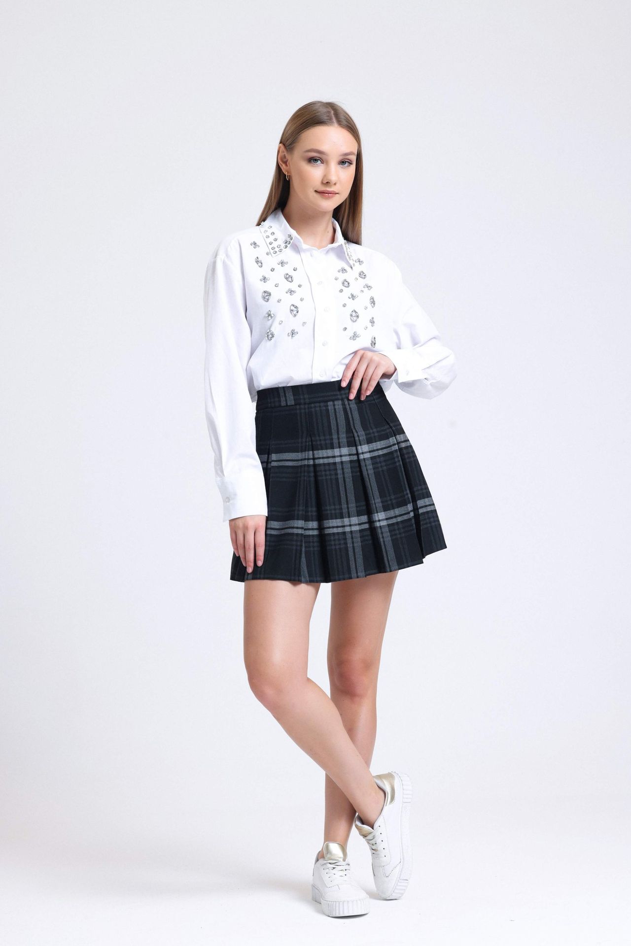 Checked High Waist Pleated Mini Skirt
