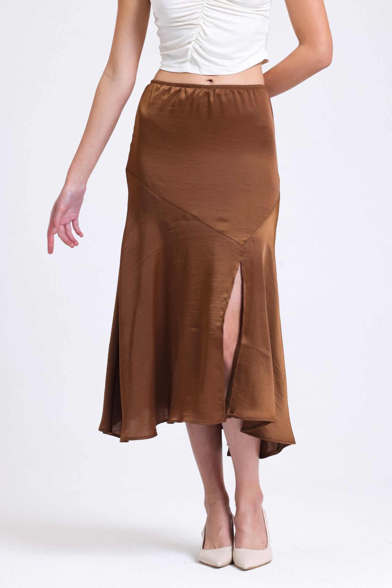 Satin Elastic Waist Slit Midi Skirt