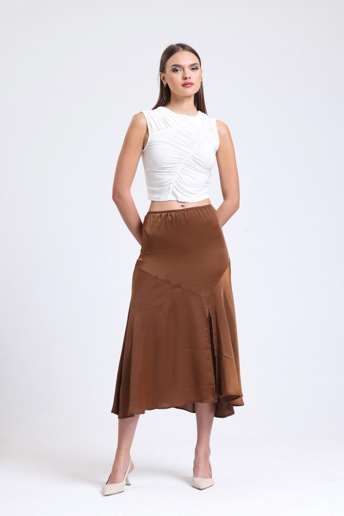 Satin Elastic Waist Slit Midi Skirt