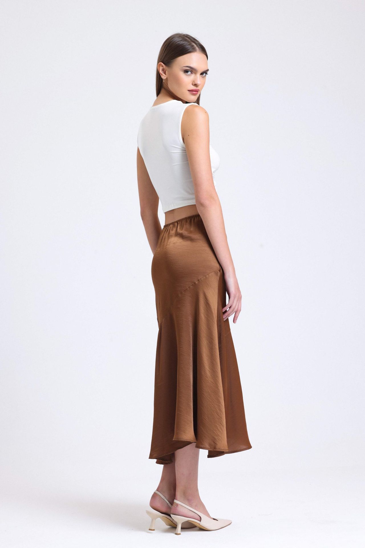 Satin Elastic Waist Slit Midi Skirt
