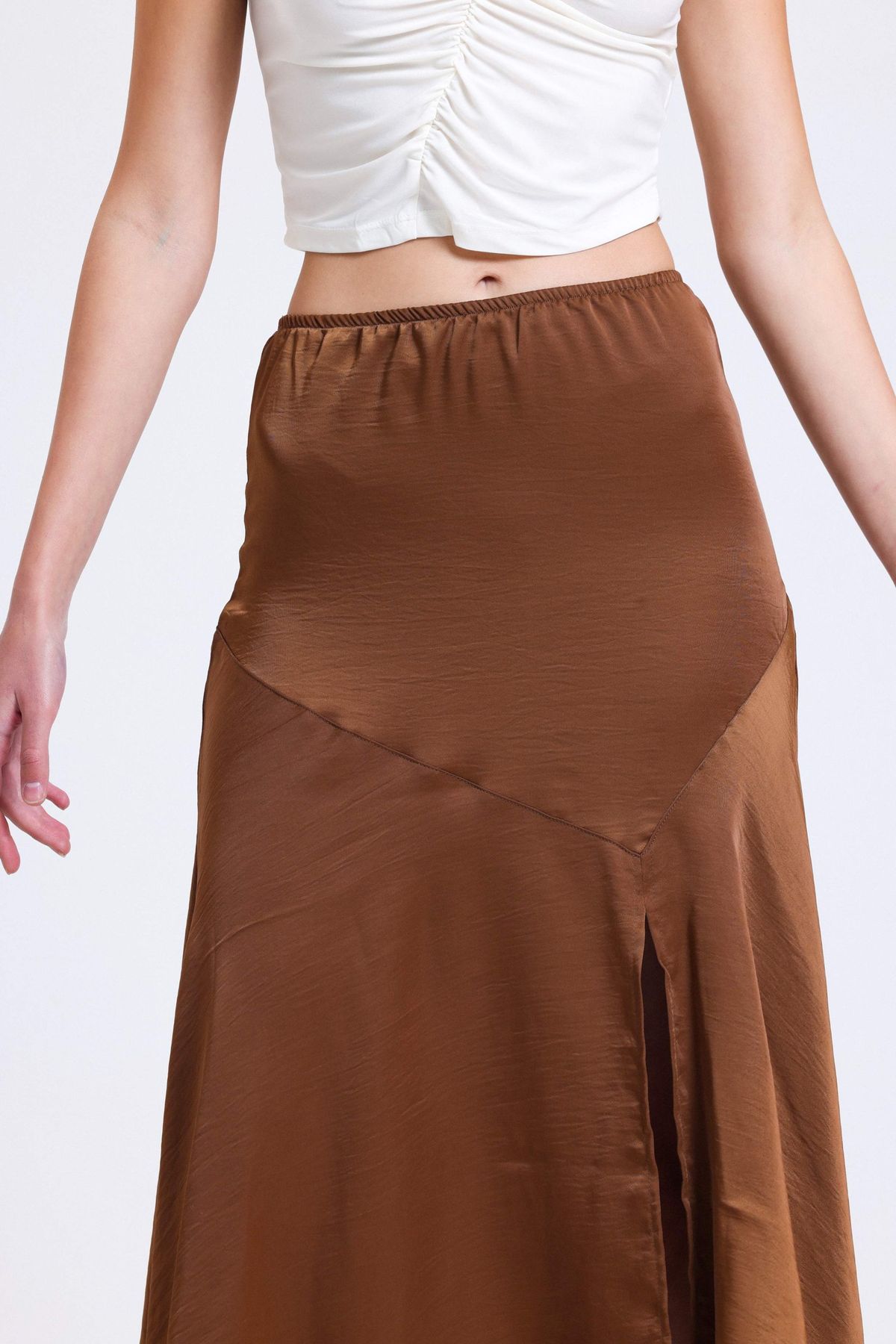 Satin Elastic Waist Slit Midi Skirt