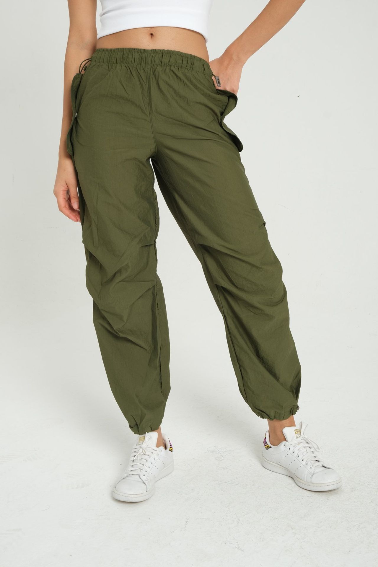 High Waist Elastic Waist Parachute Trousers